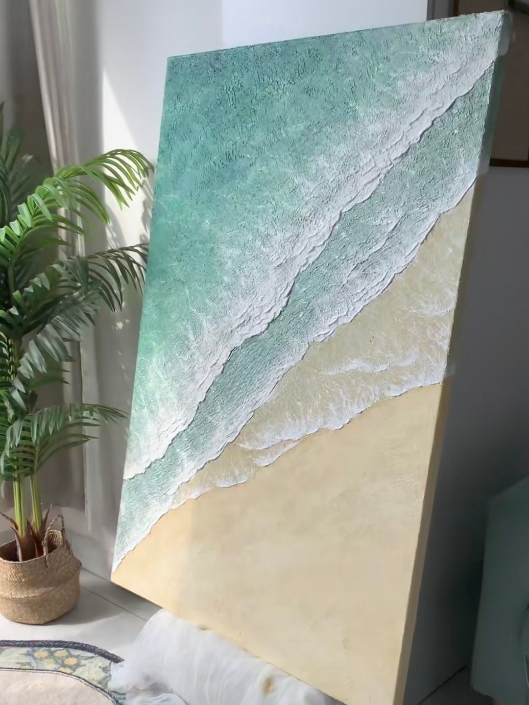 Hand-painted 3D textured beach painting with three distinct layers of thick white sculpted seafoam and mint green water in a gold frame.