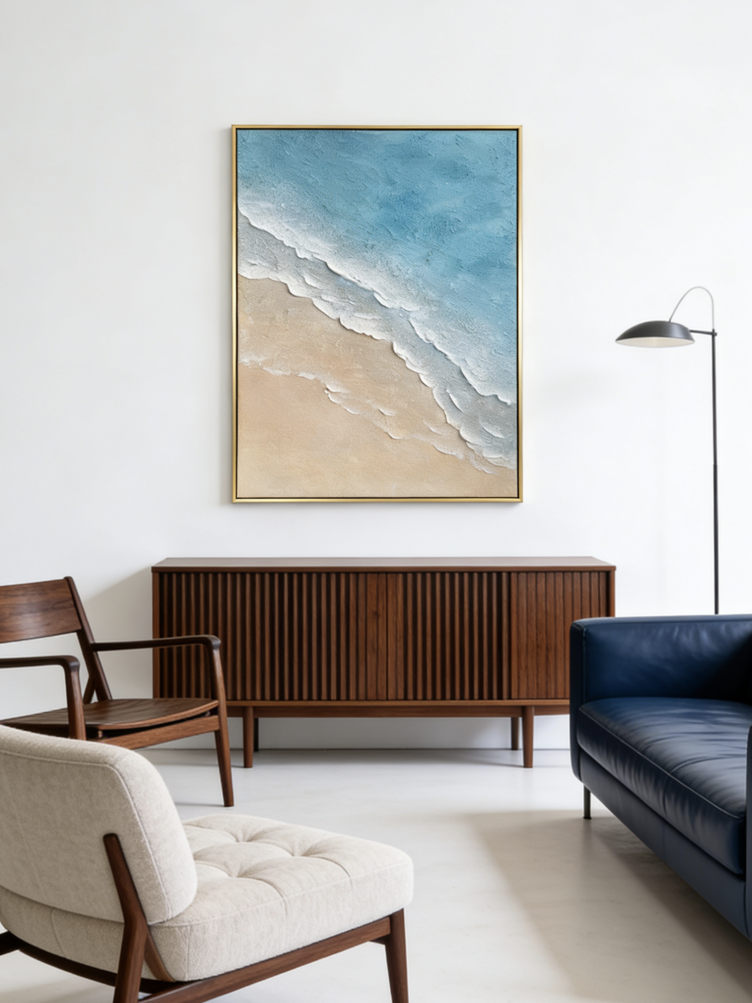Hand-painted 3D textured beach painting with thick white sculpted seafoam ridges and deep blue water in a gold floater frame.