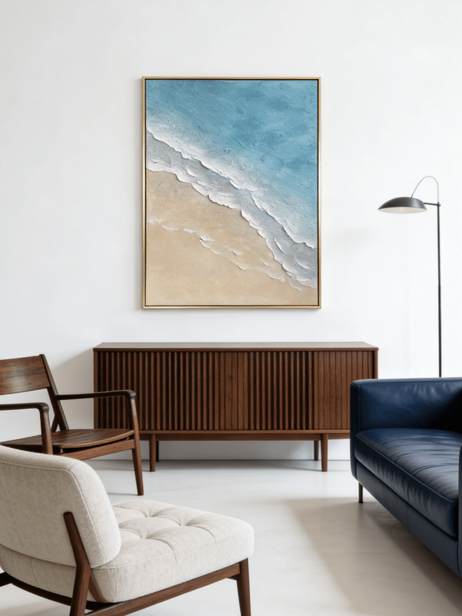 Hand-painted 3D textured beach painting with thick white sculpted seafoam ridges and deep blue water in a gold floater frame.