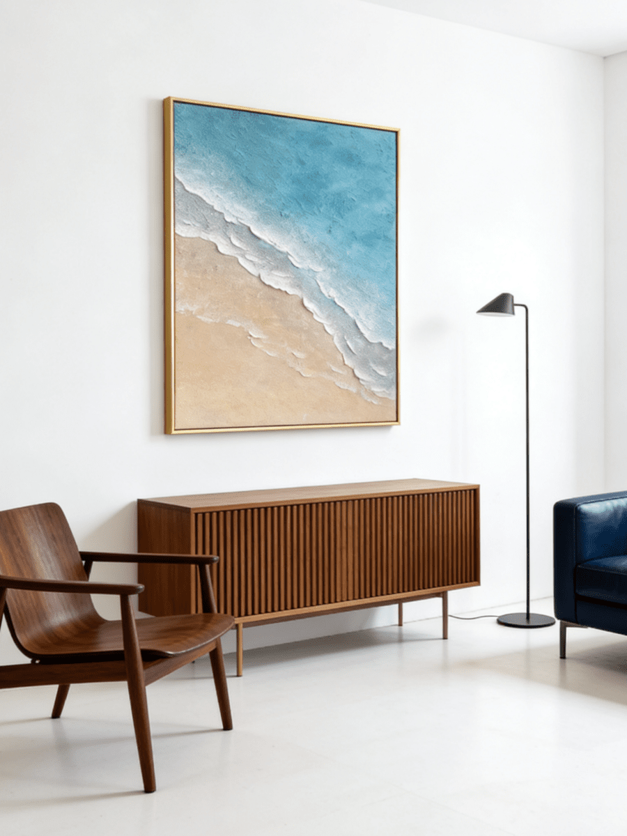 Hand-painted 3D textured beach painting with thick white sculpted seafoam ridges and deep blue water in a gold floater frame.