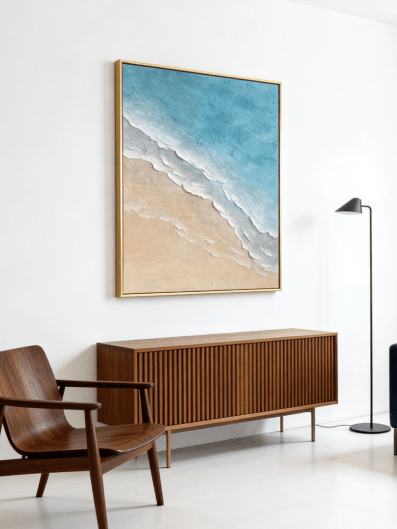 Hand-painted 3D textured beach painting with thick white sculpted seafoam ridges and deep blue water in a gold floater frame.