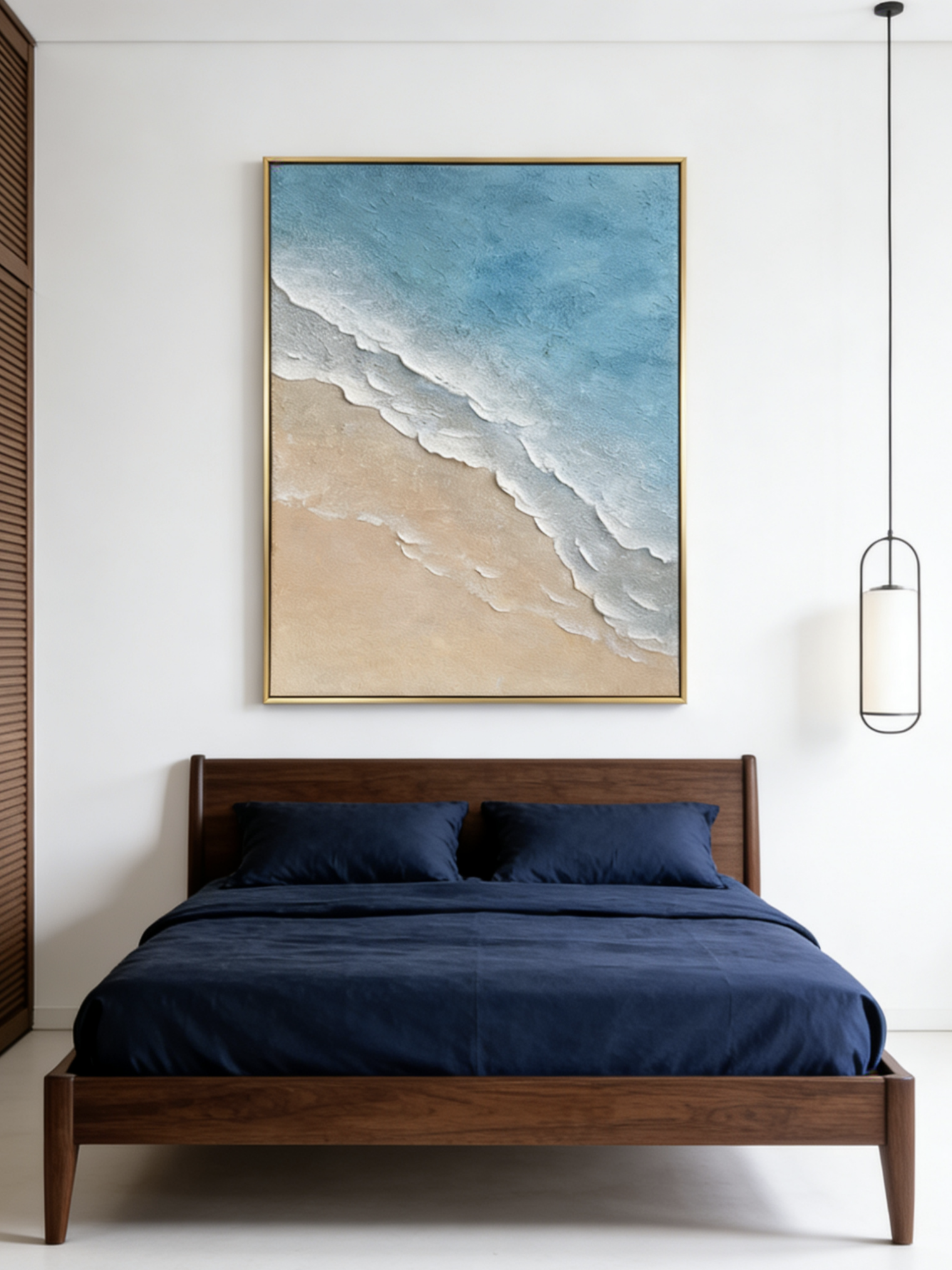 Hand-painted 3D textured beach painting with thick white sculpted seafoam ridges and deep blue water in a gold floater frame.