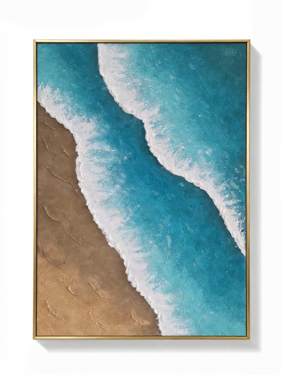 Close-up of 3D hand-painted ocean waves featuring heavy white sculpted foam over turquoise blue water and brown sand texture.
