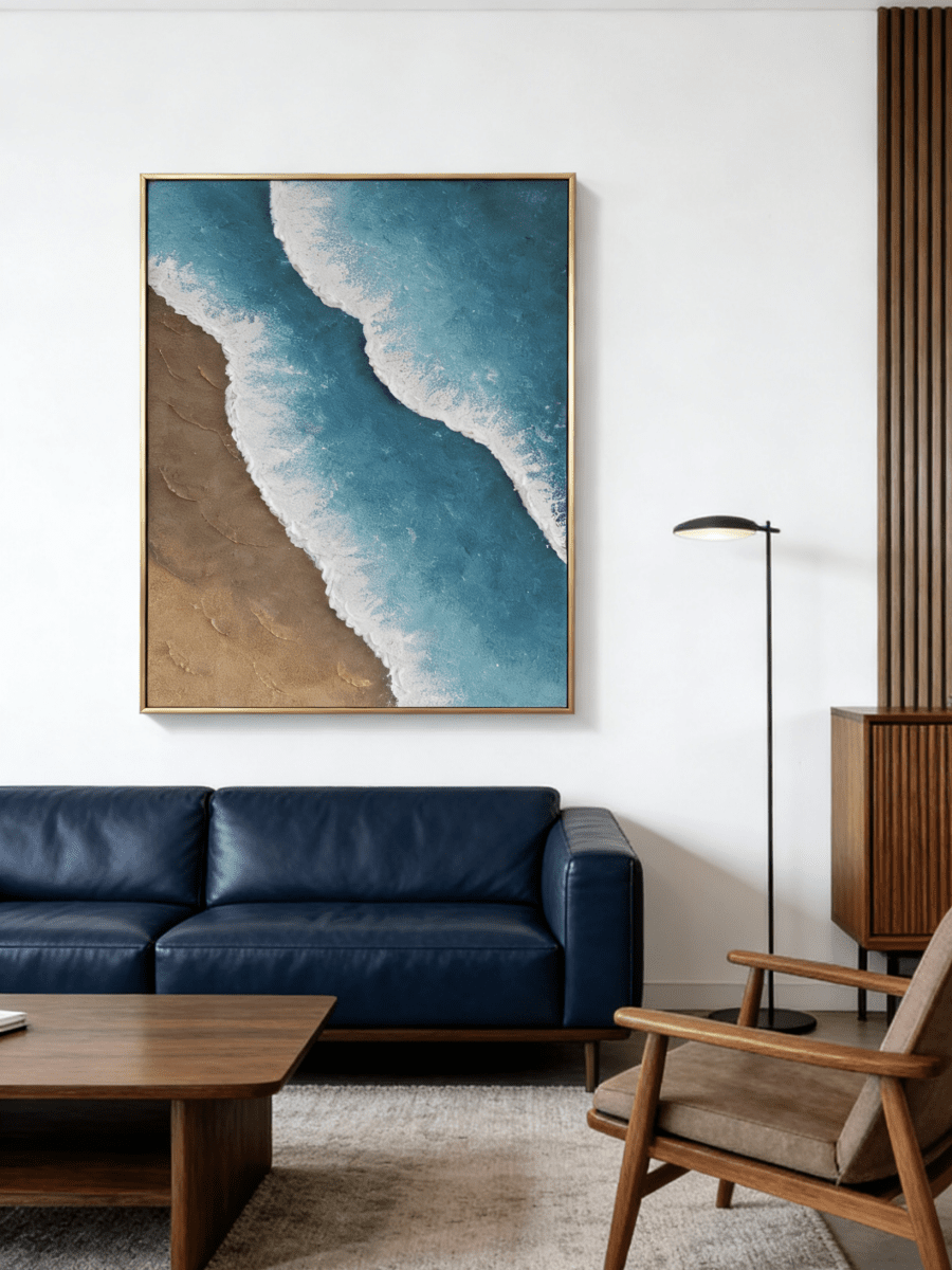 Close-up of 3D hand-painted ocean waves featuring heavy white sculpted foam over turquoise blue water and brown sand texture.