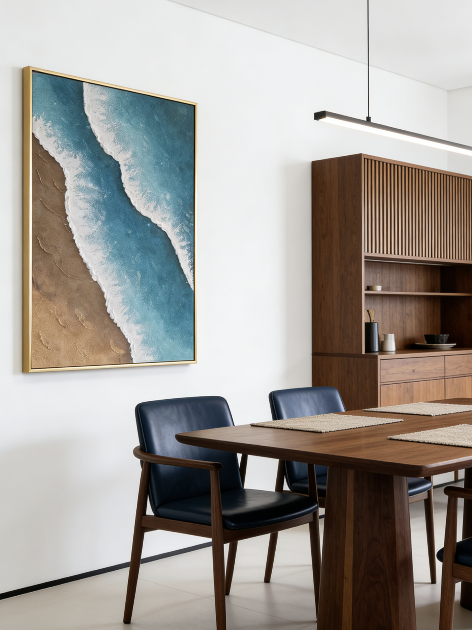 Close-up of 3D hand-painted ocean waves featuring heavy white sculpted foam over turquoise blue water and brown sand texture.