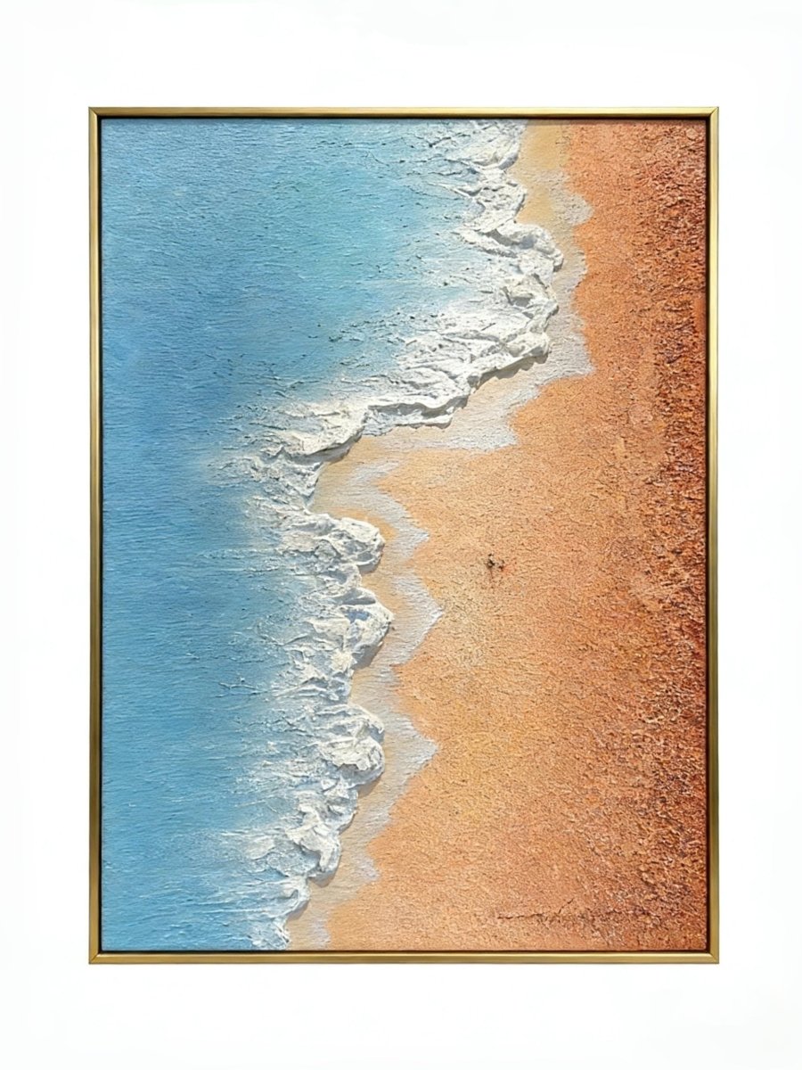 Hand-painted 3D textured aerial view of beach waves with heavy white sculpted foam and granular golden sand texture in a gold frame.