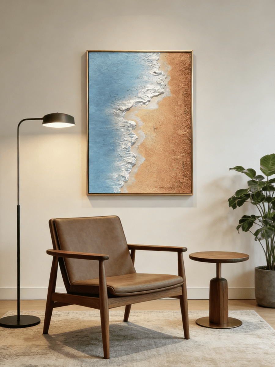 Hand-painted 3D textured aerial view of beach waves with heavy white sculpted foam and granular golden sand texture in a gold frame.