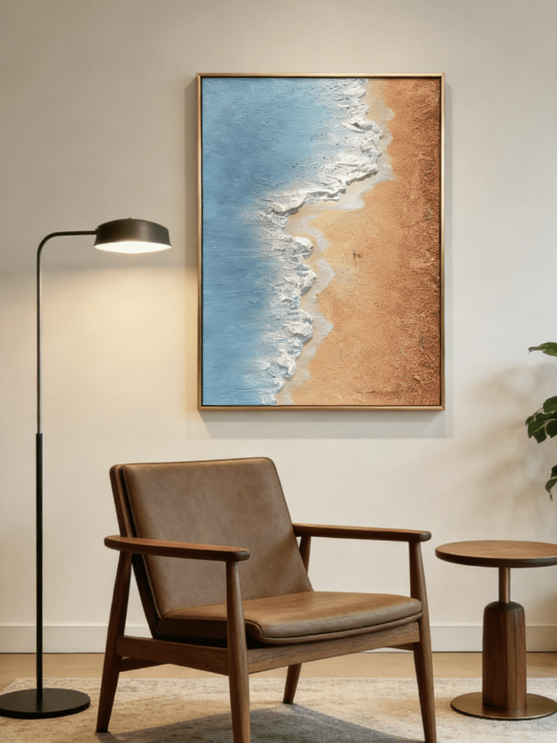 Hand-painted 3D textured aerial view of beach waves with heavy white sculpted foam and granular golden sand texture in a gold frame.