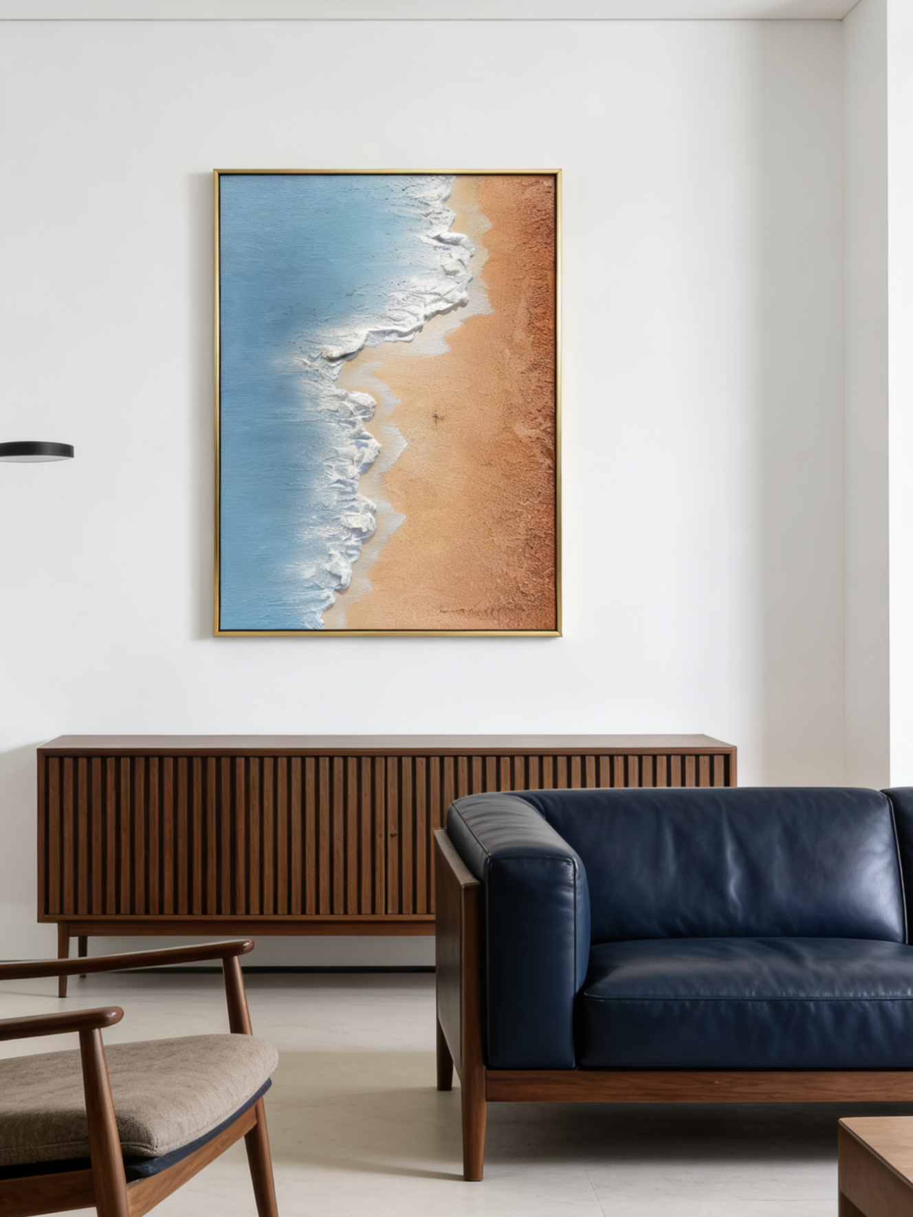 Hand-painted 3D textured aerial view of beach waves with heavy white sculpted foam and granular golden sand texture in a gold frame.
