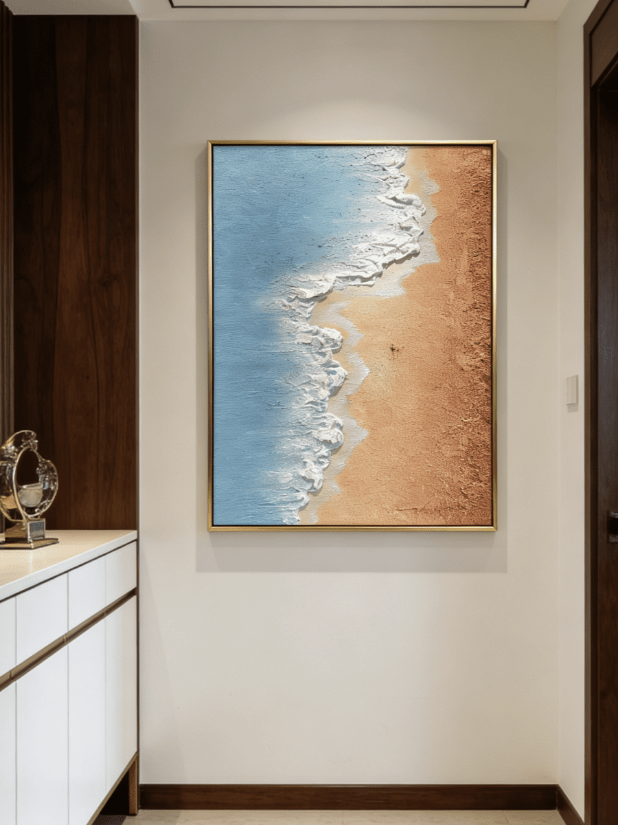 Hand-painted 3D textured aerial view of beach waves with heavy white sculpted foam and granular golden sand texture in a gold frame.