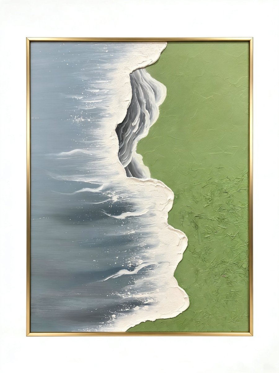 Side view of 3D hand-painted textured painting showing thick white seafoam between moss green meadow and slate blue ocean.