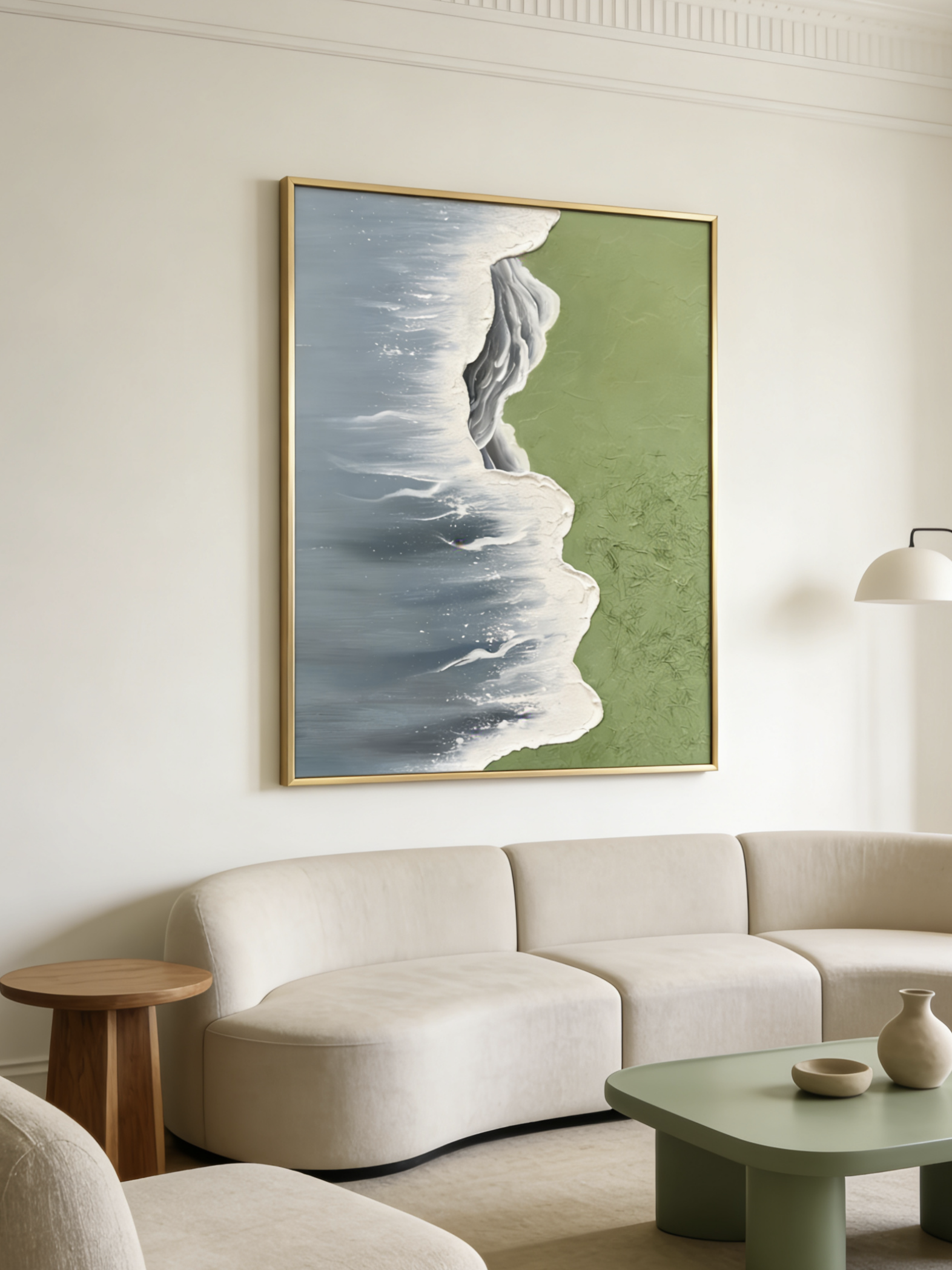 Side view of 3D hand-painted textured painting showing thick white seafoam between moss green meadow and slate blue ocean.