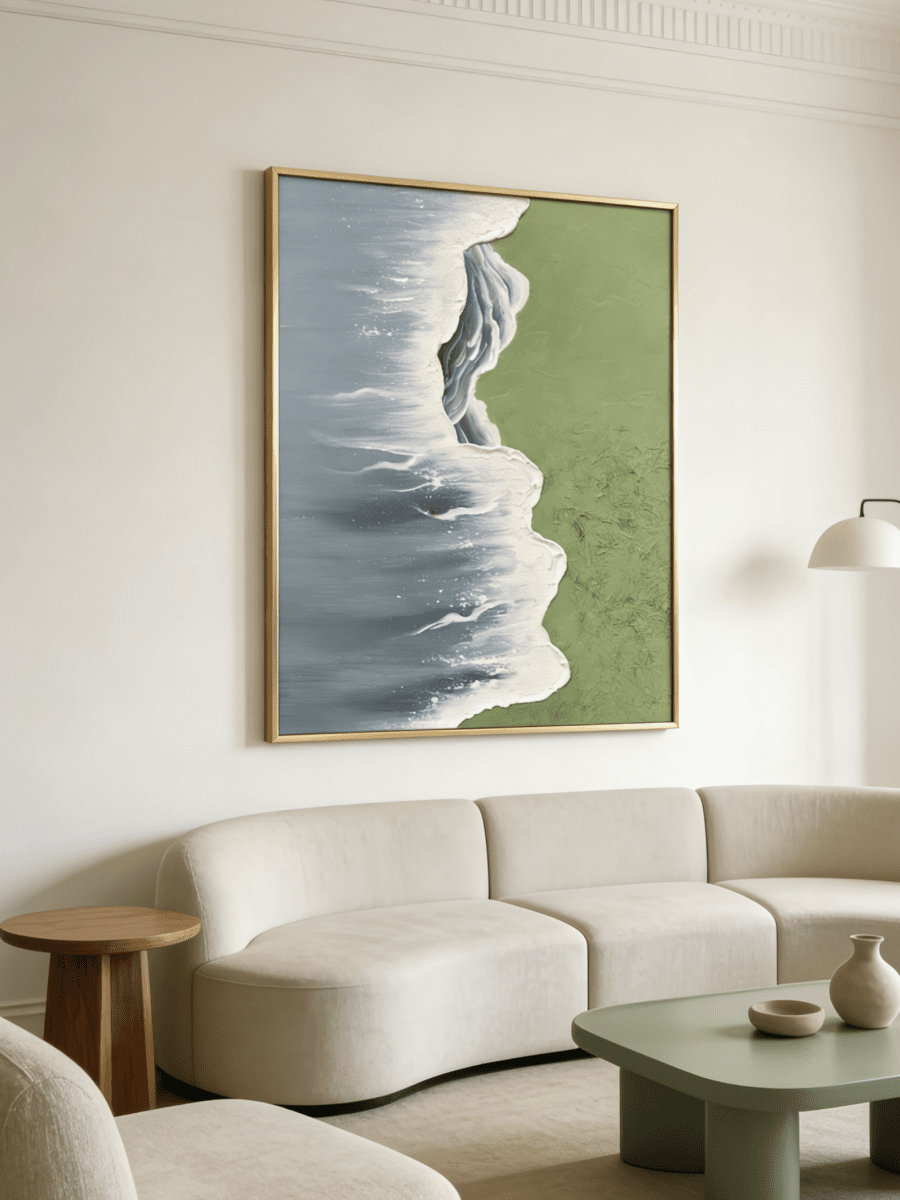 Side view of 3D hand-painted textured painting showing thick white seafoam between moss green meadow and slate blue ocean.