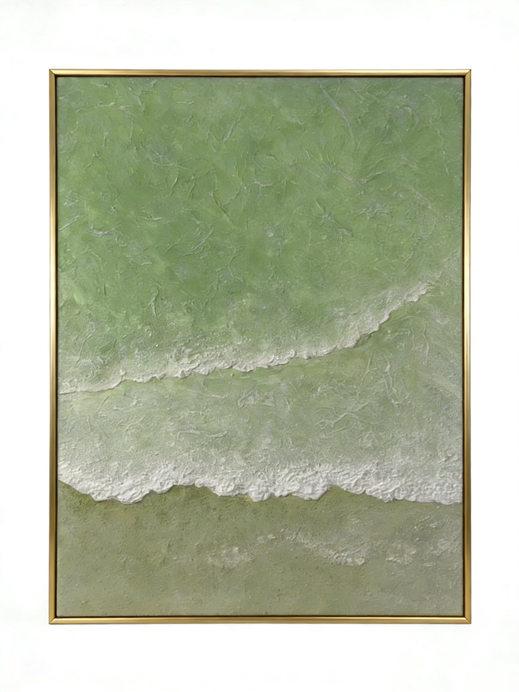 Close-up of 3D hand-painted textured ocean waves in sage green and olive, showing thick white sculpted seafoam ridges on canvas.