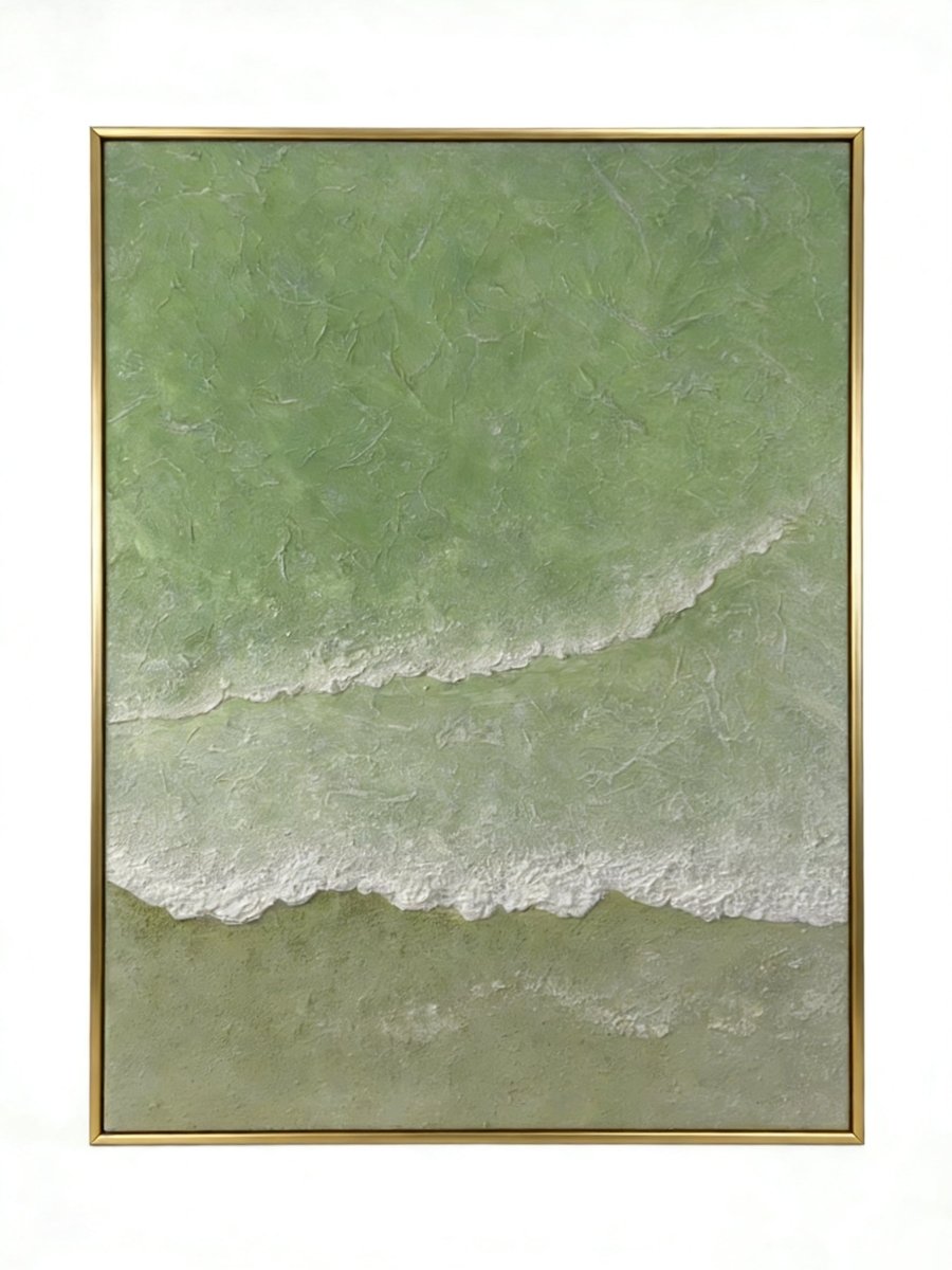 Close-up of 3D hand-painted textured ocean waves in sage green and olive, showing thick white sculpted seafoam ridges on canvas.