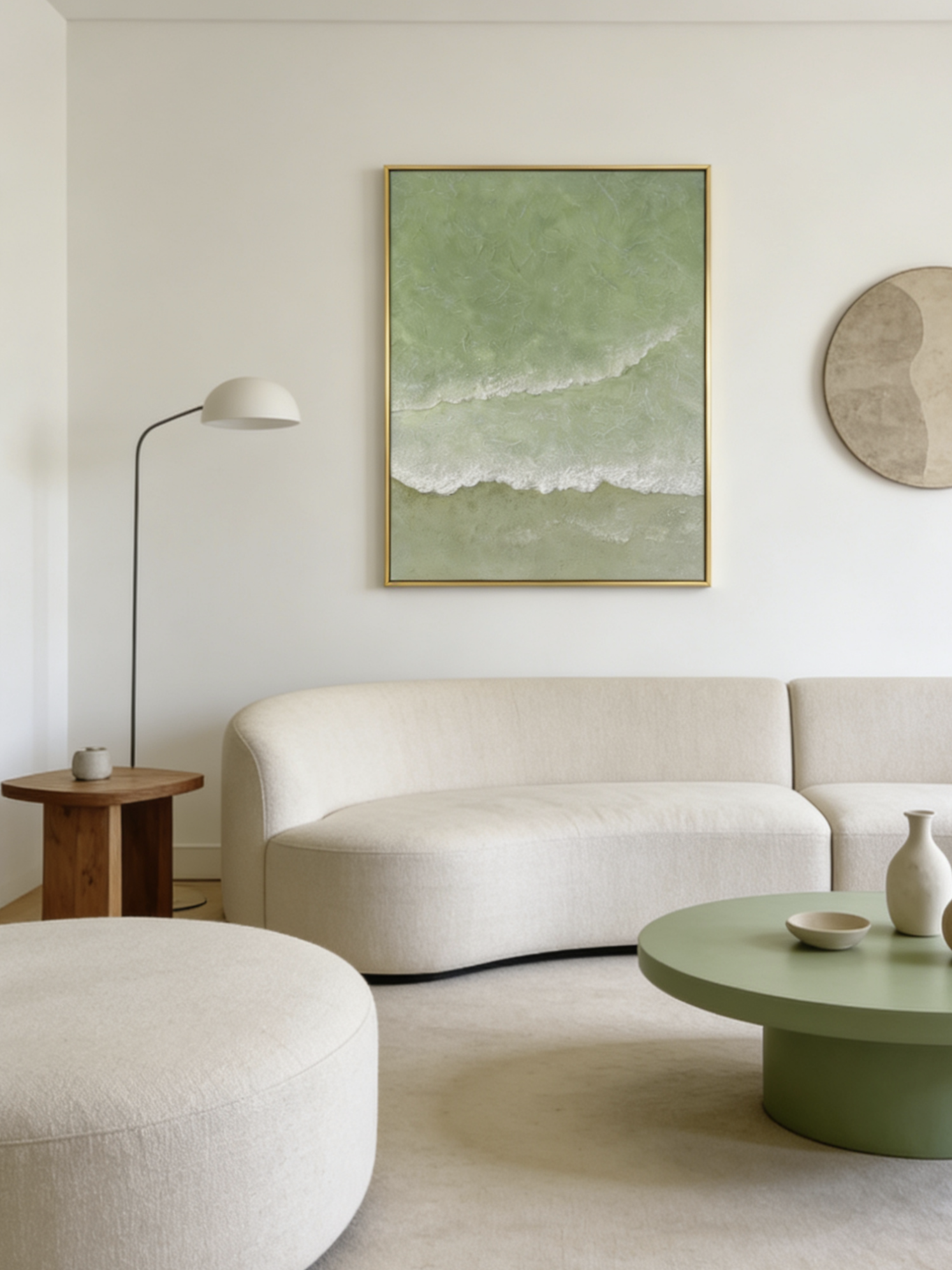 Close-up of 3D hand-painted textured ocean waves in sage green and olive, showing thick white sculpted seafoam ridges on canvas.