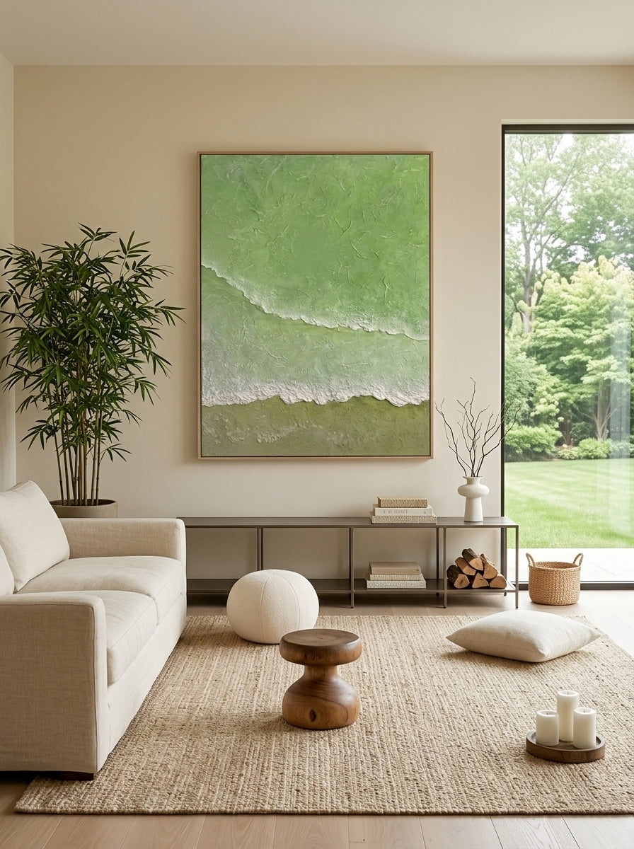 Close-up of 3D hand-painted textured ocean waves in sage green and olive, showing thick white sculpted seafoam ridges on canvas.