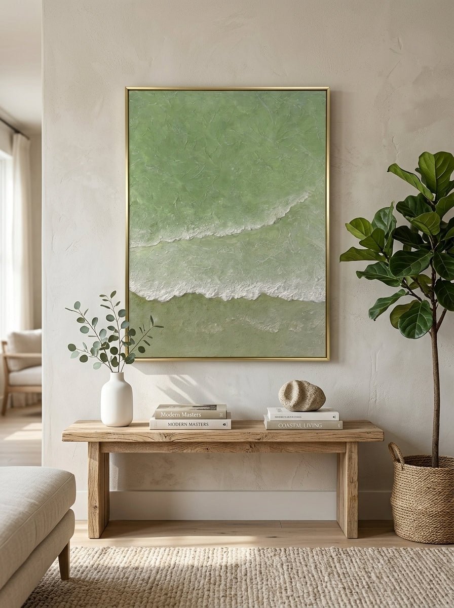 Close-up of 3D hand-painted textured ocean waves in sage green and olive, showing thick white sculpted seafoam ridges on canvas.