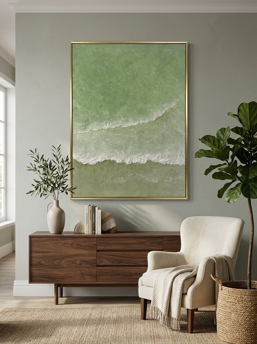 Close-up of 3D hand-painted textured ocean waves in sage green and olive, showing thick white sculpted seafoam ridges on canvas.
