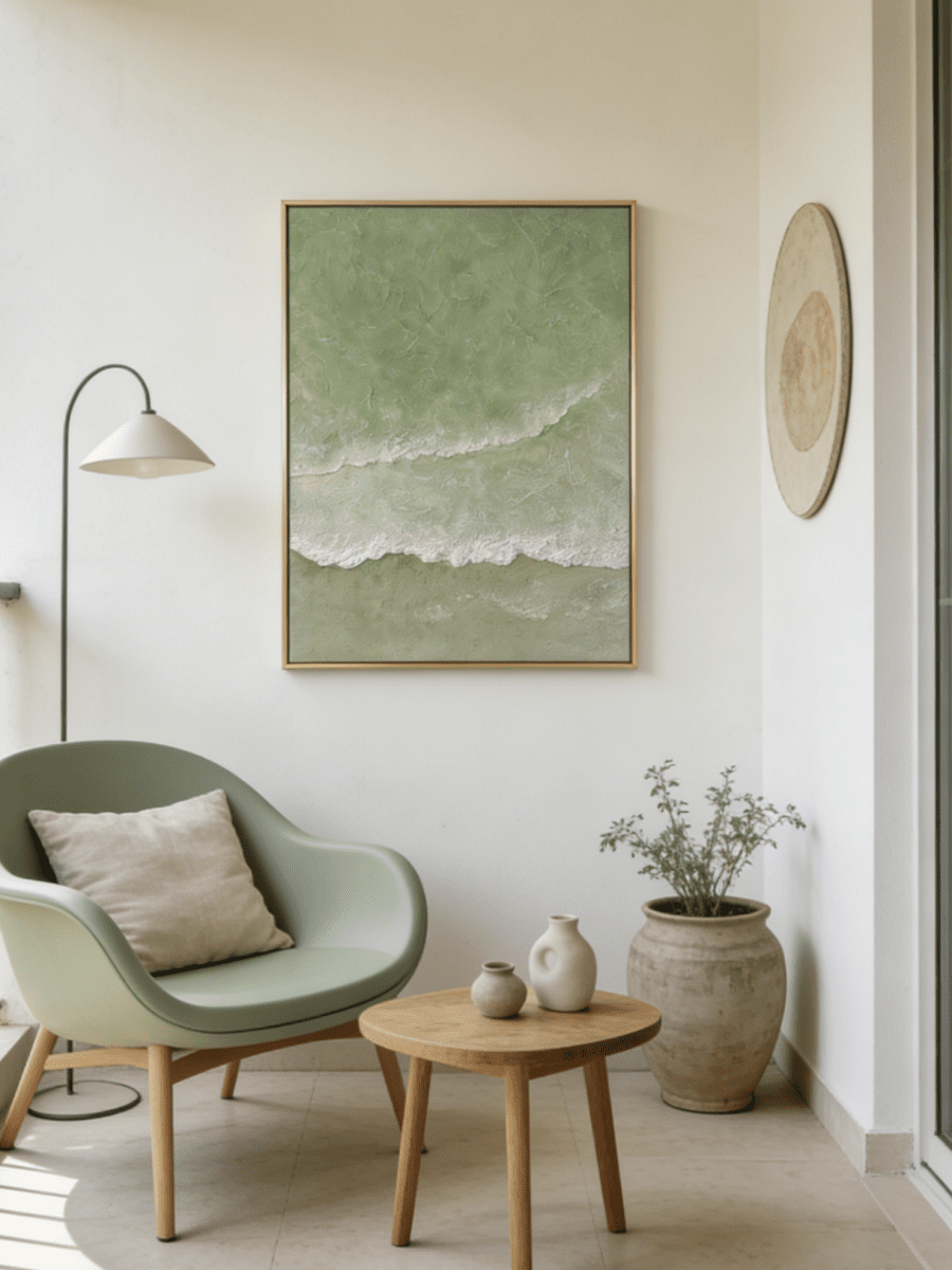 Close-up of 3D hand-painted textured ocean waves in sage green and olive, showing thick white sculpted seafoam ridges on canvas.