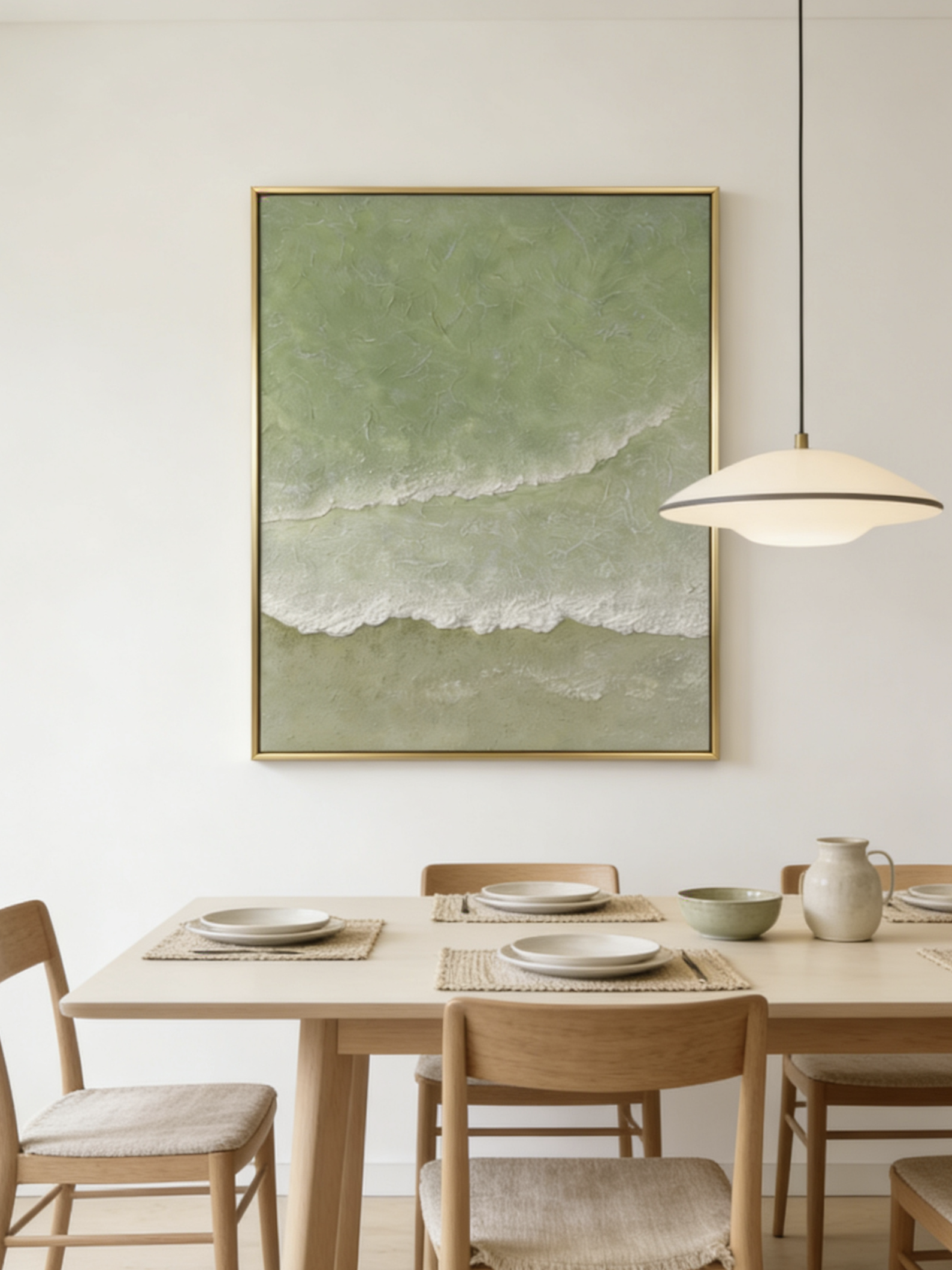 Close-up of 3D hand-painted textured ocean waves in sage green and olive, showing thick white sculpted seafoam ridges on canvas.