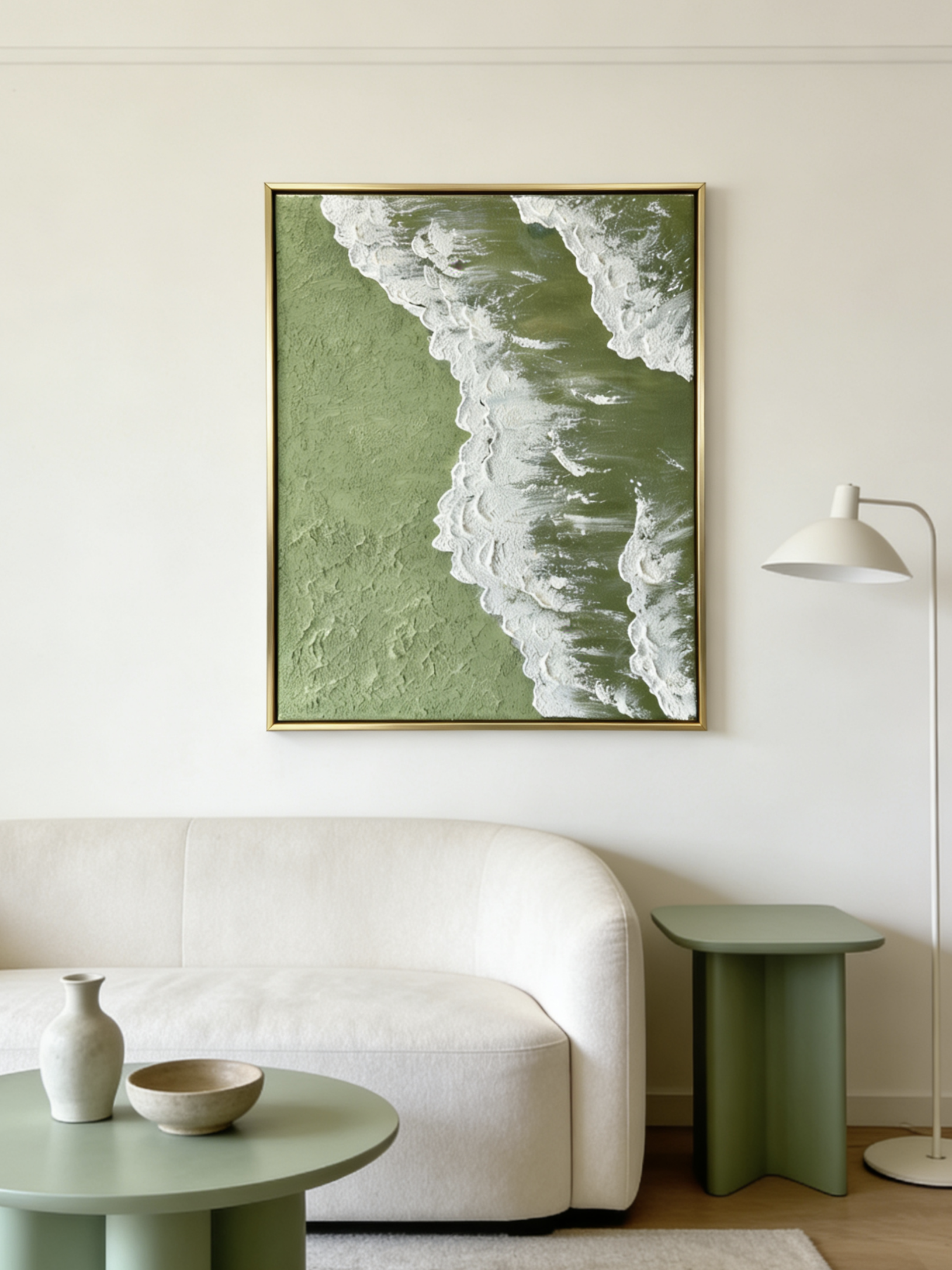 High-relief 3D textured painting showing white sculpted seafoam splashing over a deep forest green background in a gold frame.