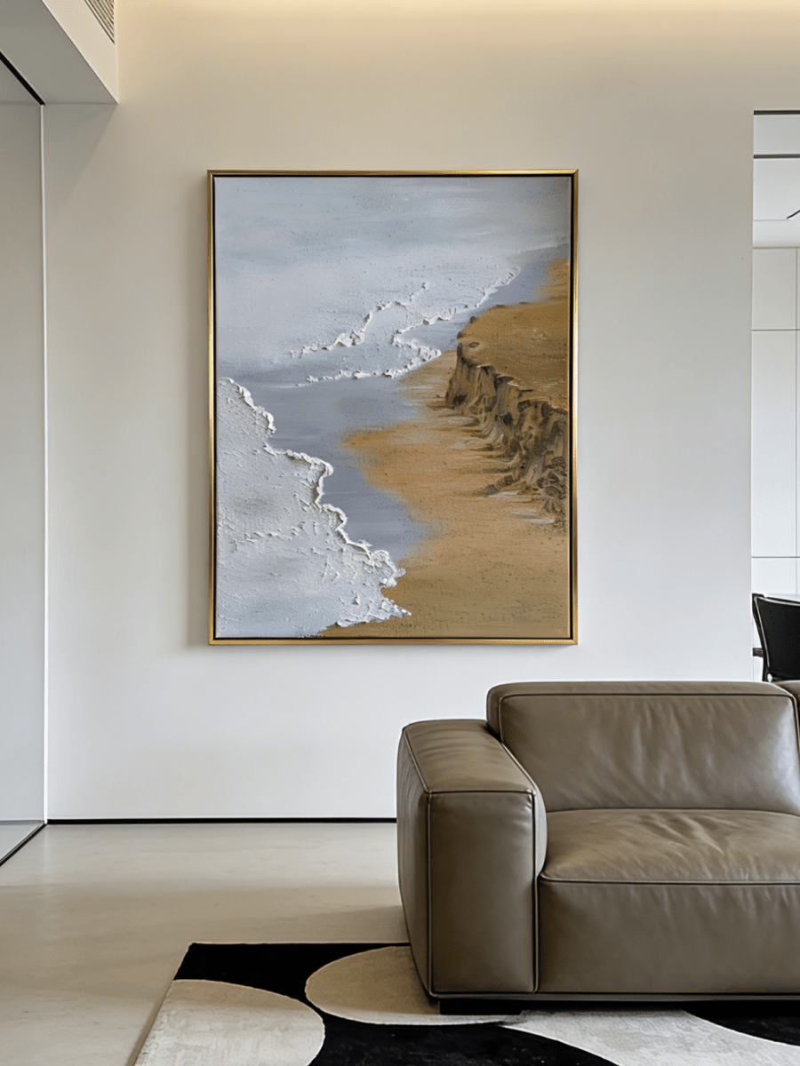 Large vertical hand-painted ocean seascape painting with heavy impasto white foam waves and golden cliffs by Leo Liang in a modern living room.