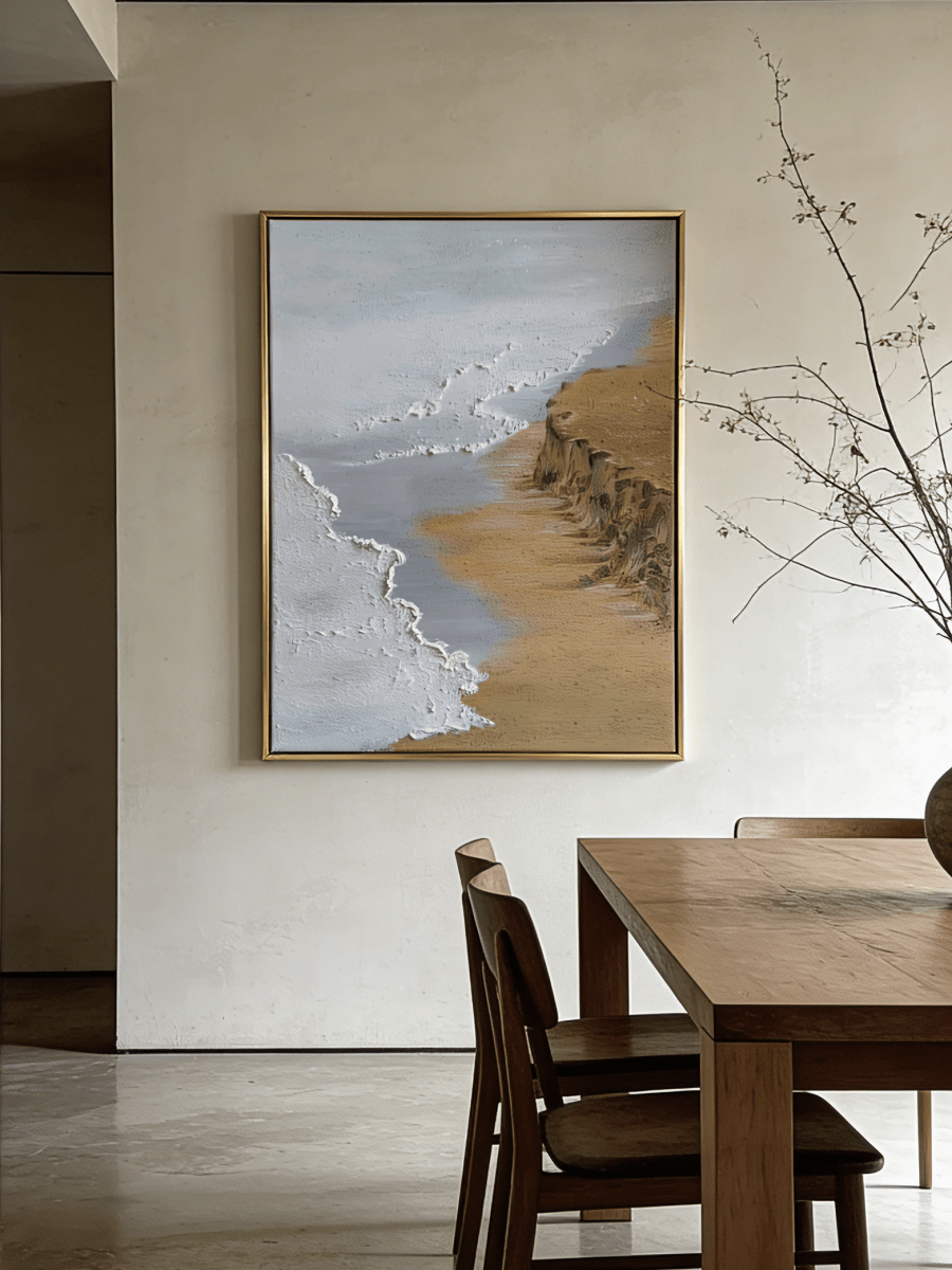 Large vertical hand-painted ocean seascape painting with heavy impasto white foam waves and golden cliffs by Leo Liang in a modern living room.