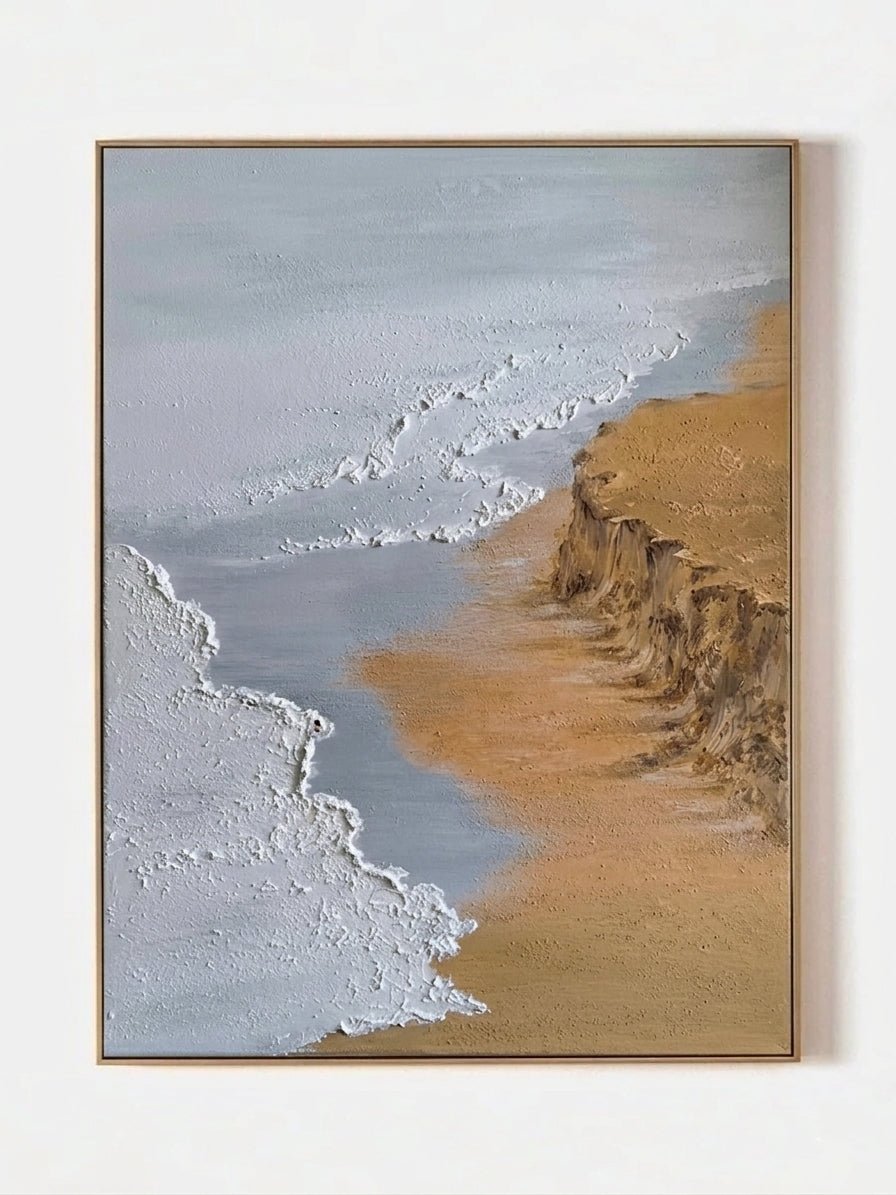 Large vertical hand-painted ocean seascape painting with heavy impasto white foam waves and golden cliffs by Leo Liang in a modern living room.