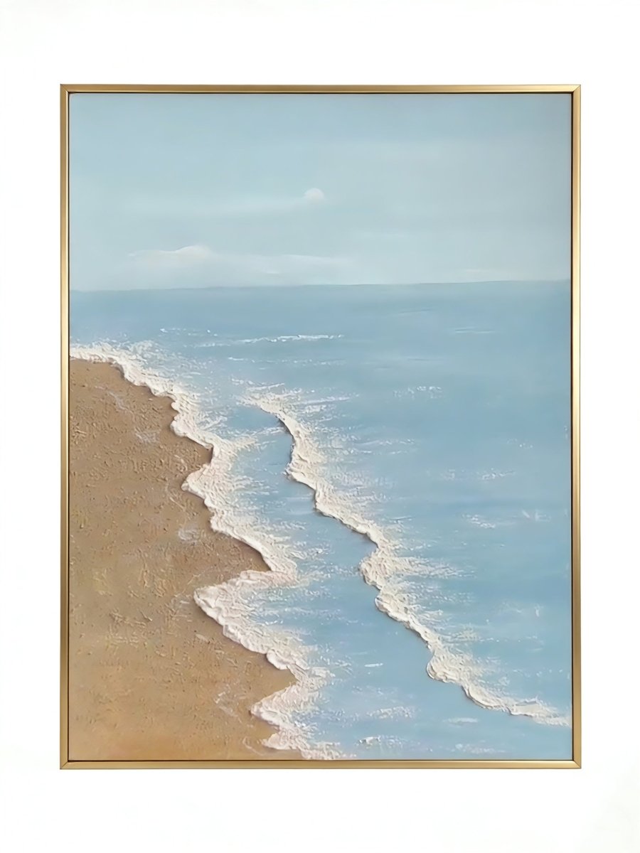 Large vertical hand-painted blue ocean painting with 3D textured white foam waves and sandy beach by Leo Liang in a bright modern bedroom.