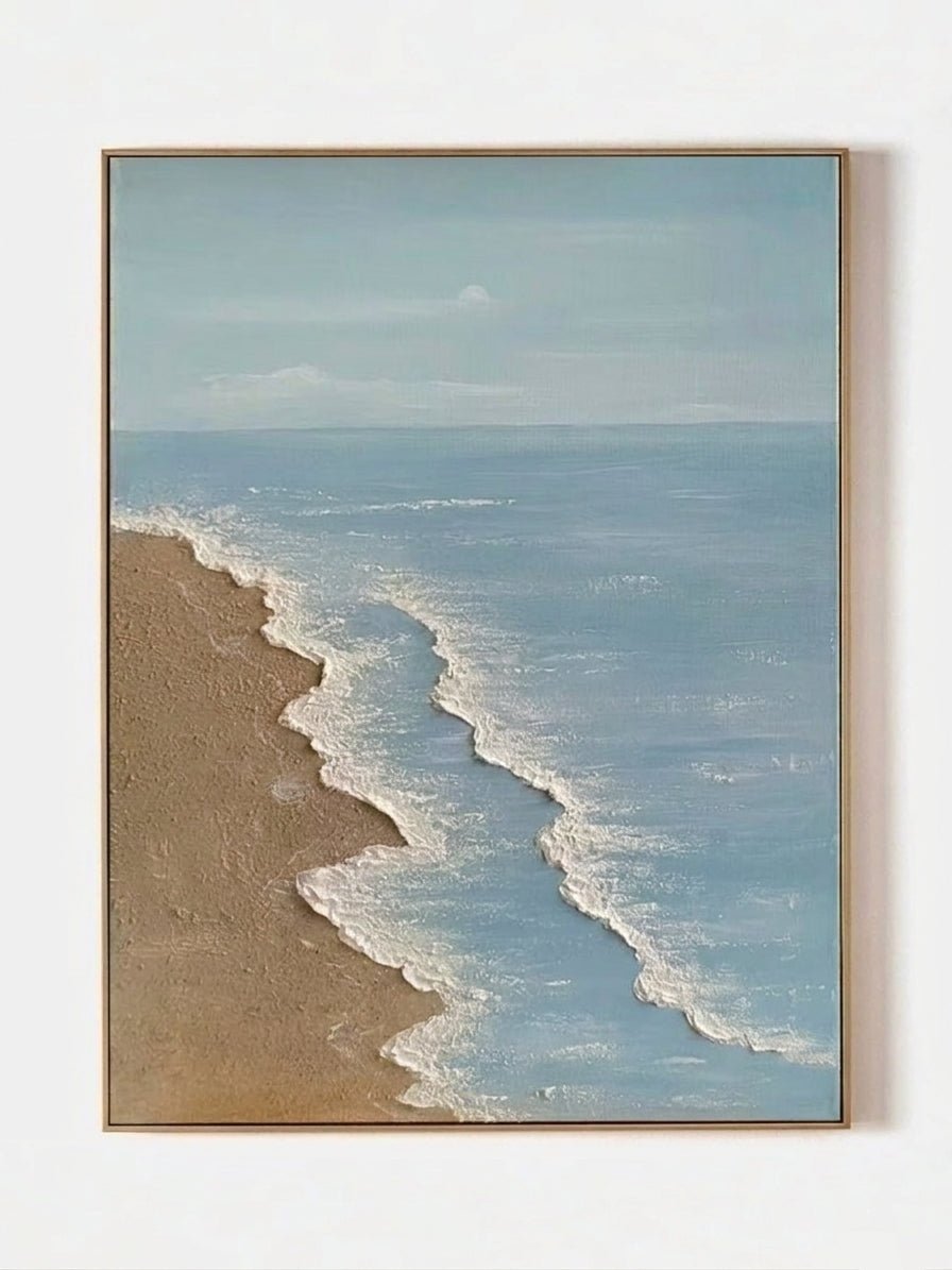 Large vertical hand-painted blue ocean painting with 3D textured white foam waves and sandy beach by Leo Liang in a bright modern bedroom.