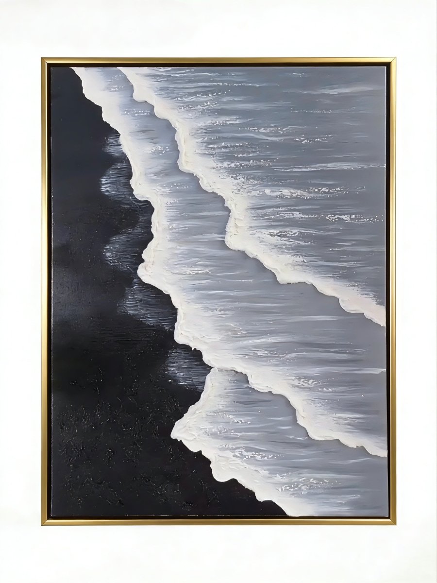 Large vertical hand-painted black sand beach seascape with heavy 3D textured white waves and grey ocean by Leo Liang in a modern living room.