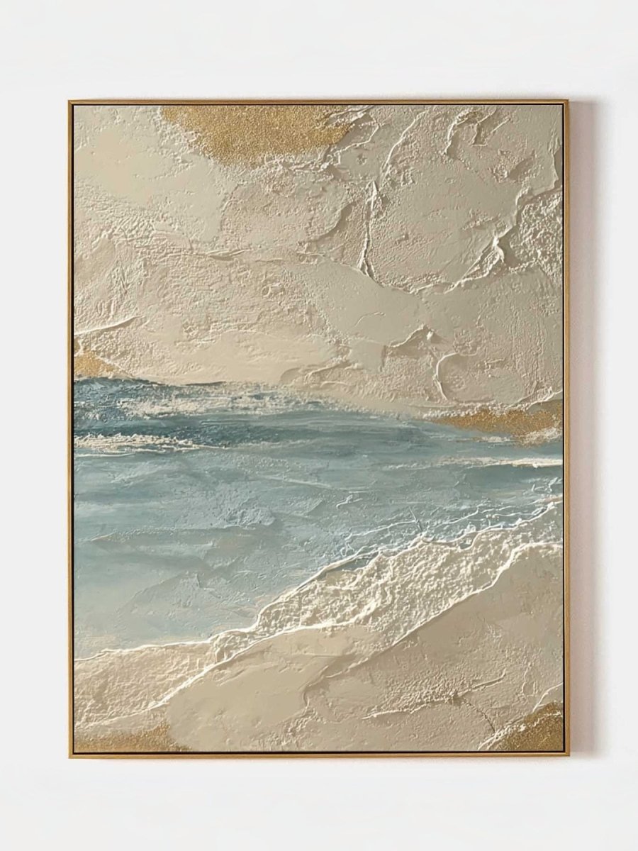 Close-up of heavy 3D impasto texture on a coastal seascape painting by Leo Liang, featuring seafoam green waves and golden sand textures on canvas.