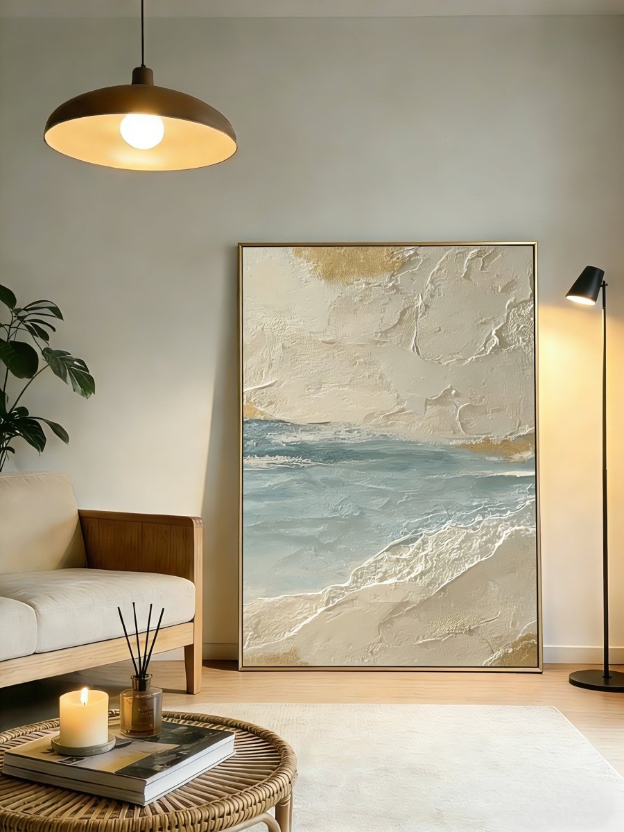 Close-up of heavy 3D impasto texture on a coastal seascape painting by Leo Liang, featuring seafoam green waves and golden sand textures on canvas.