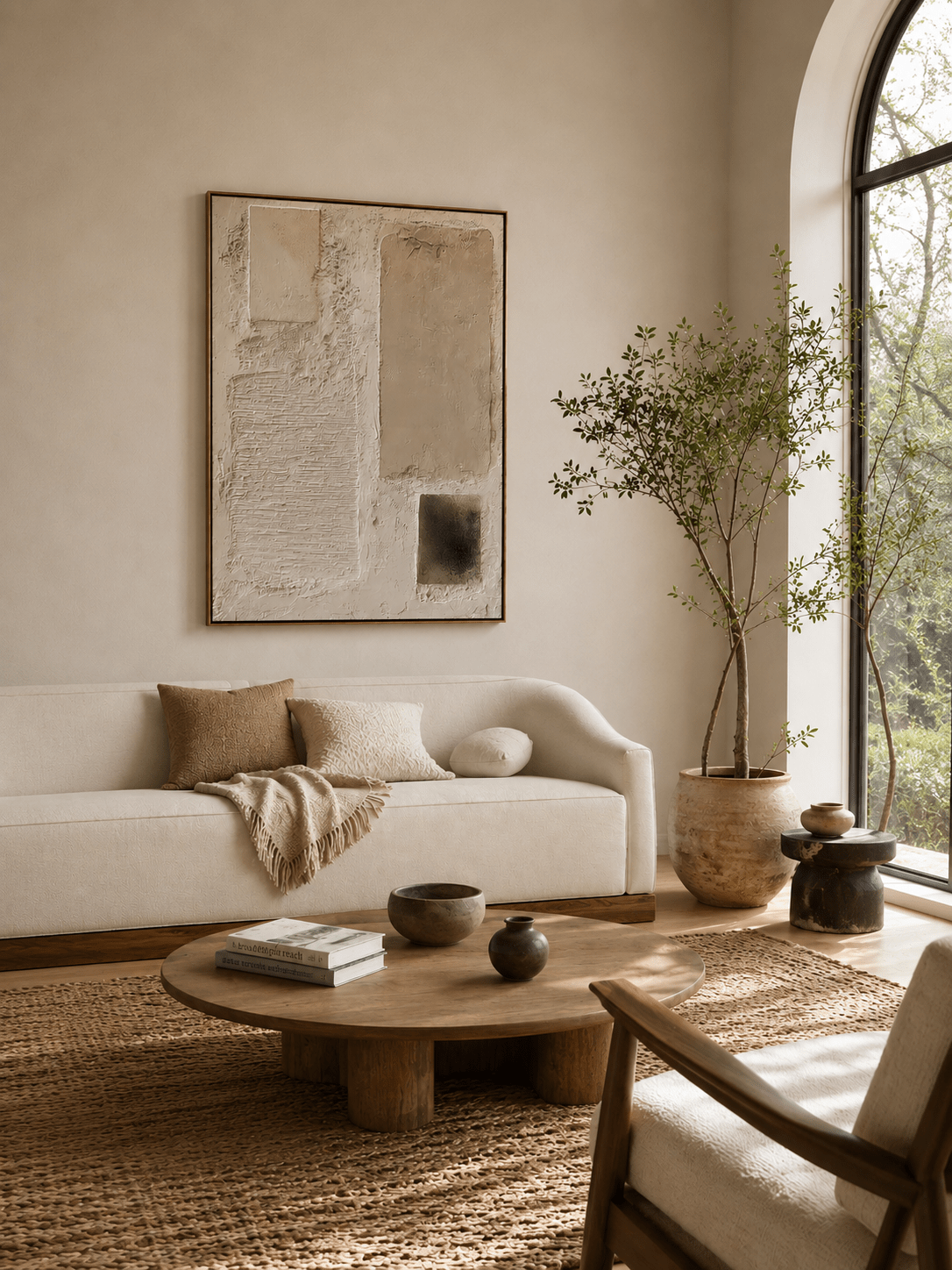 Close-up of heavy textured abstract oil painting in beige and cream by Leo Liang, minimalist wabi-sabi wall art for modern living room decor.