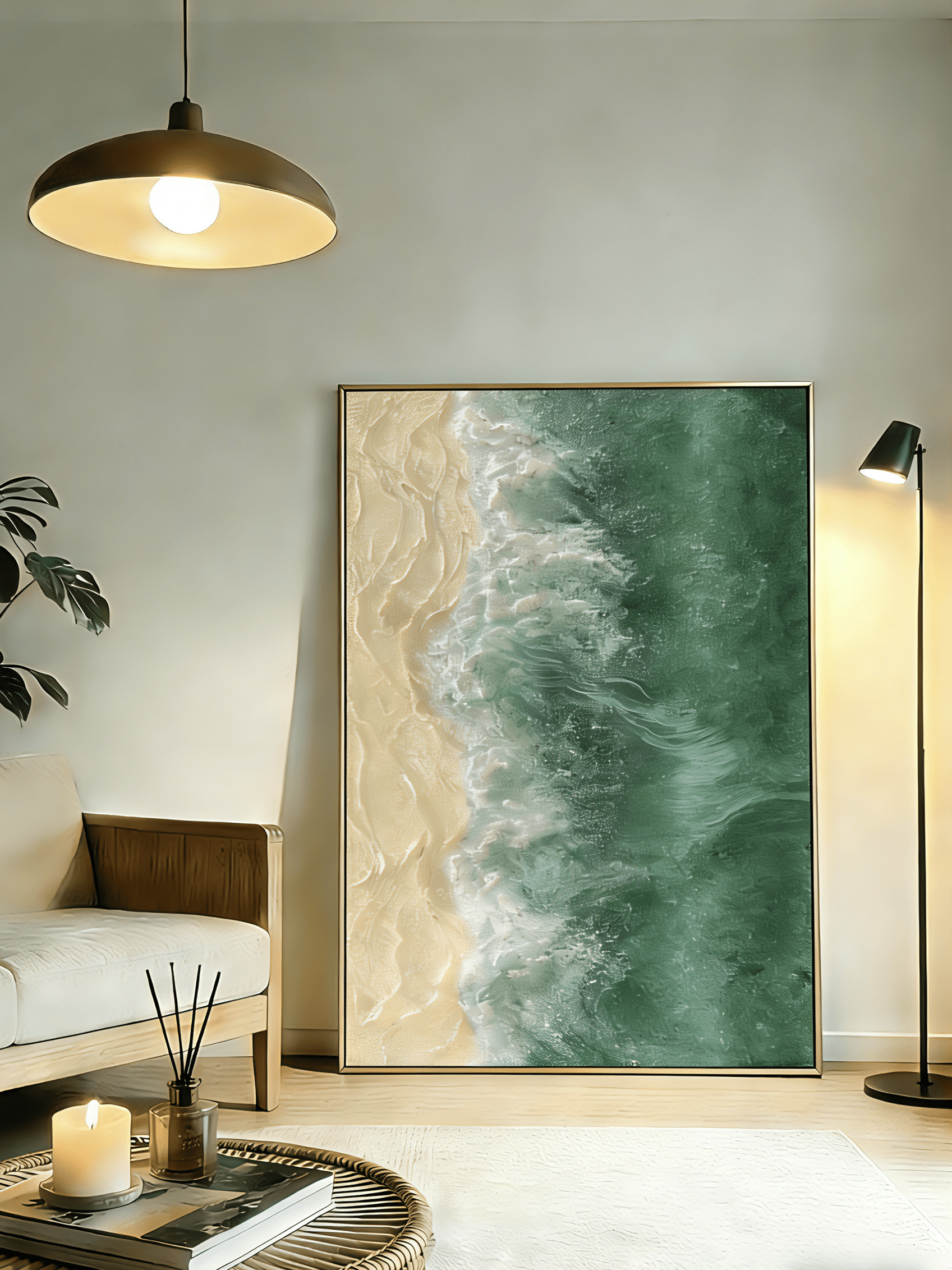 Hand-painted 3D textured aerial ocean waves and gold sand beach oil painting on canvas by Leo Liang, modern coastal wall art.