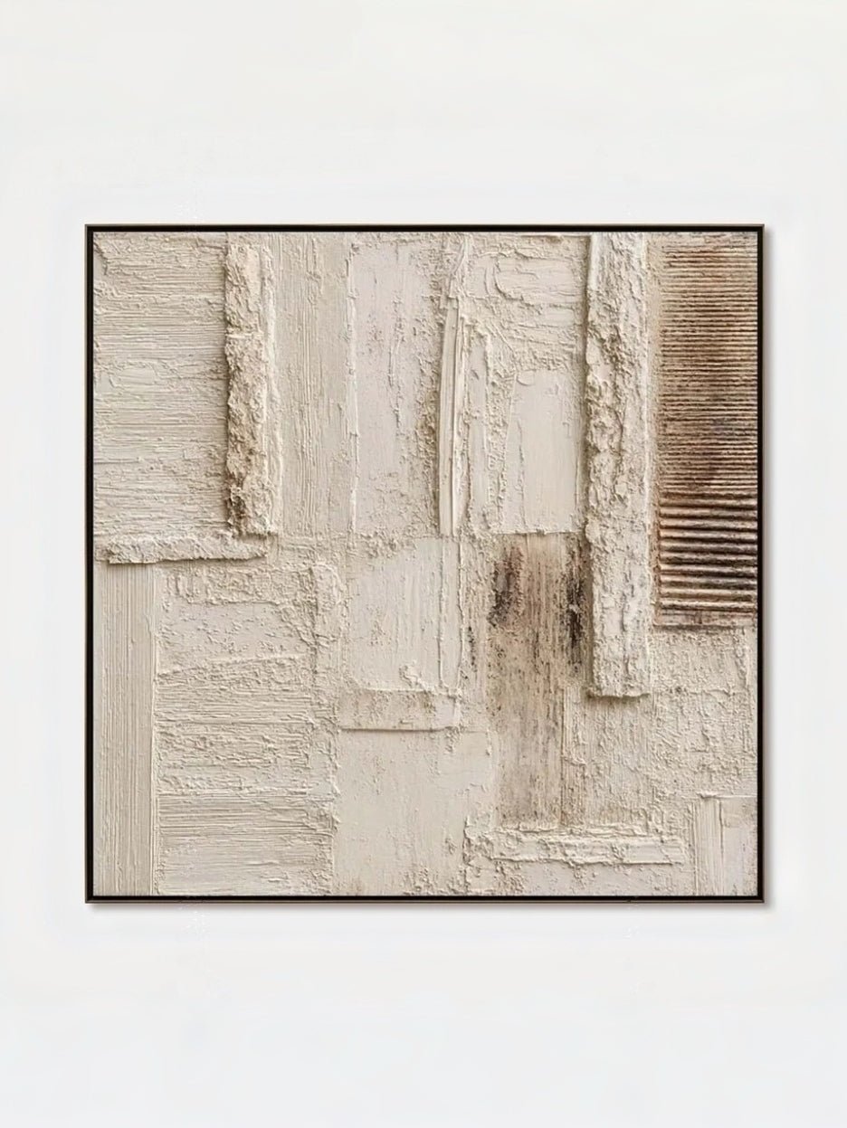 Large square oatmeal and cream heavy textured abstract painting, hand-painted Wabi-sabi wall art by Leo Liang for minimalist living room.