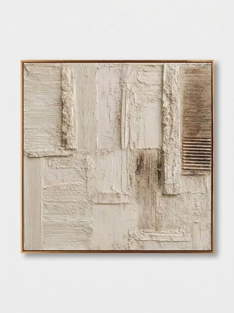 Large square oatmeal and cream heavy textured abstract painting, hand-painted Wabi-sabi wall art by Leo Liang for minimalist living room.