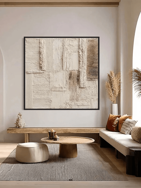 Large square oatmeal and cream heavy textured abstract painting, hand-painted Wabi-sabi wall art by Leo Liang for minimalist living room.