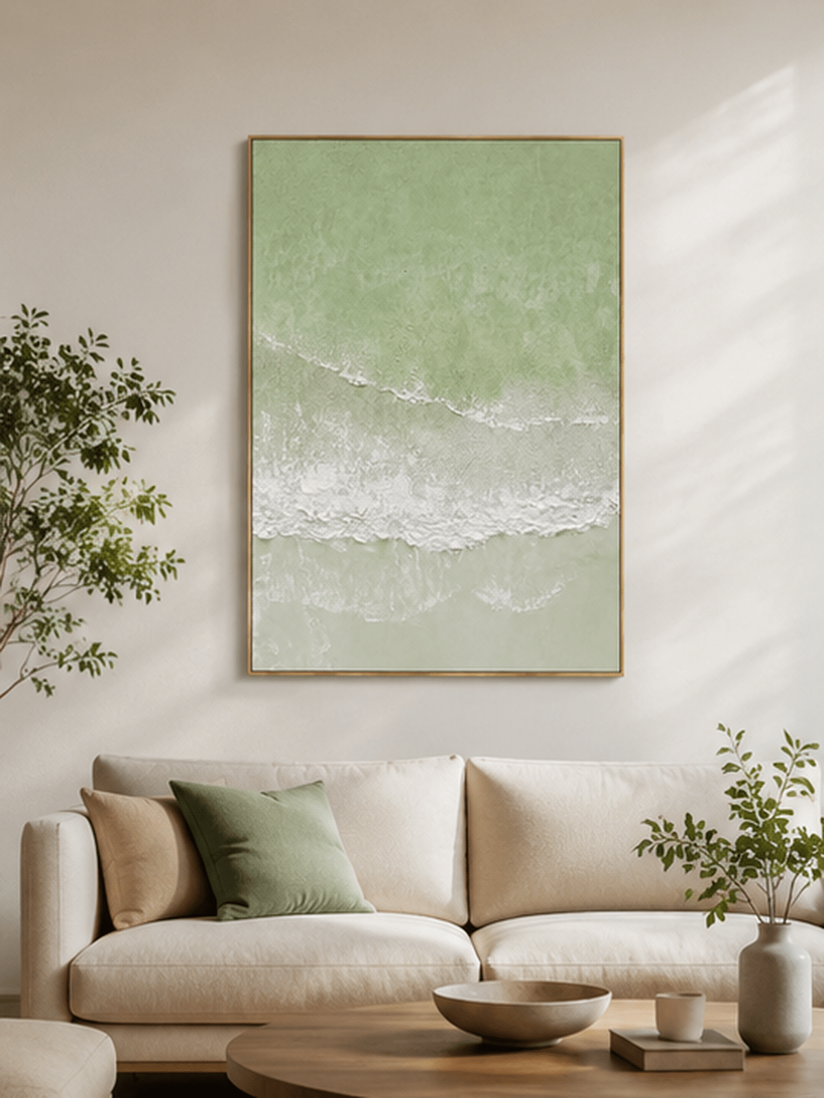 Sage green coastal painting displayed above a neutral sofa in an organic modern living room