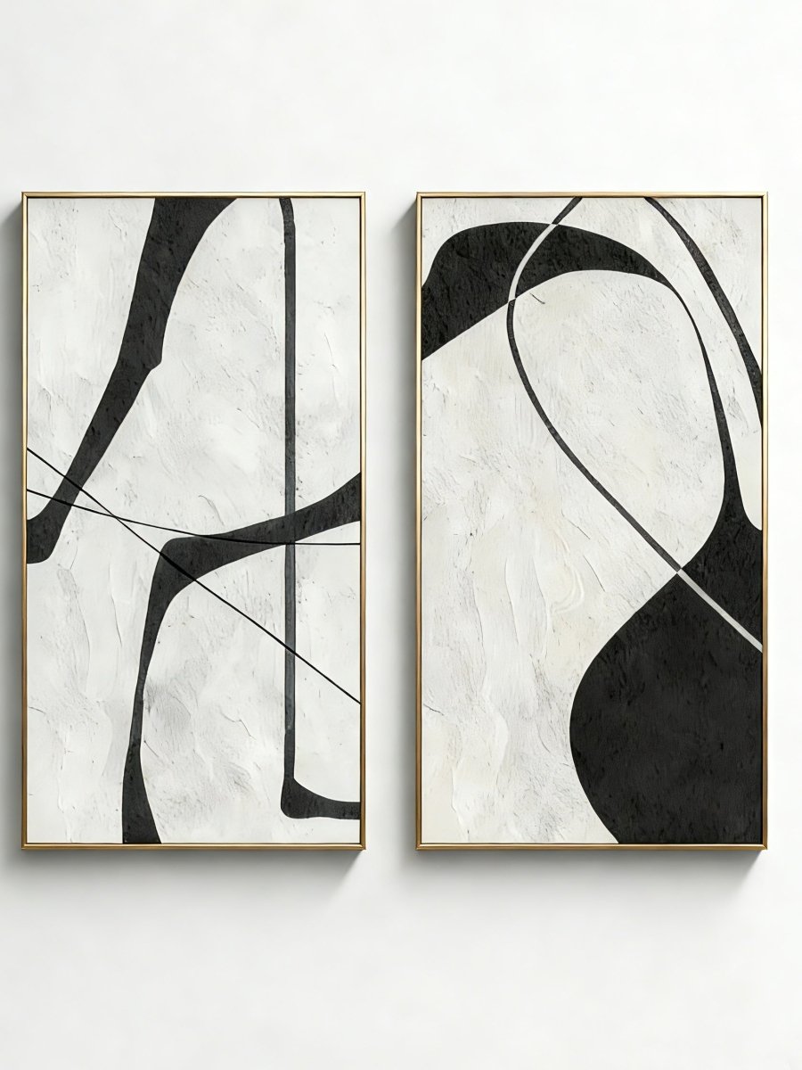 Hand-painted black and white abstract textured canvas art by Lena Petrova for modern living room decor, set of 2.
