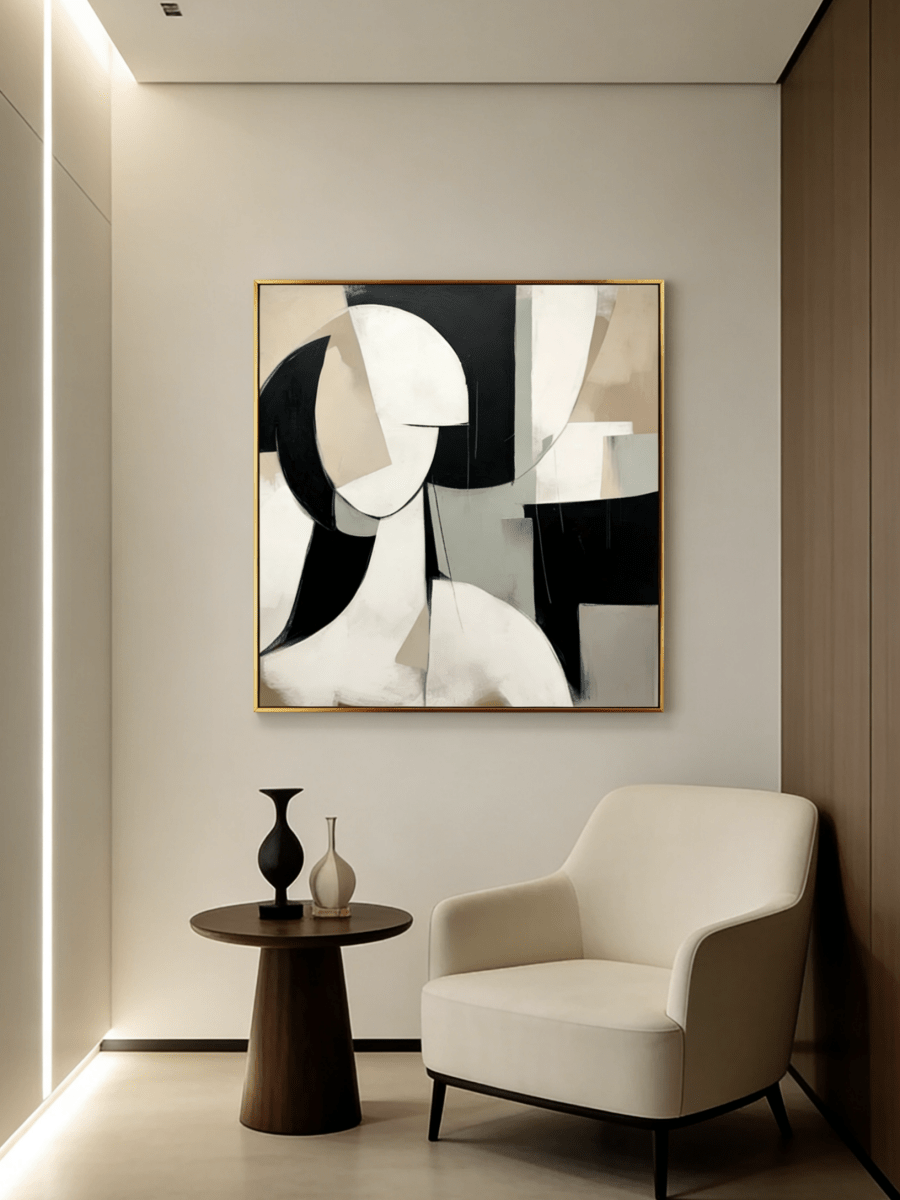 Large square minimalist abstract female portrait painting in beige, black, and taupe by Lena Petrova, hanging in a modern living room.