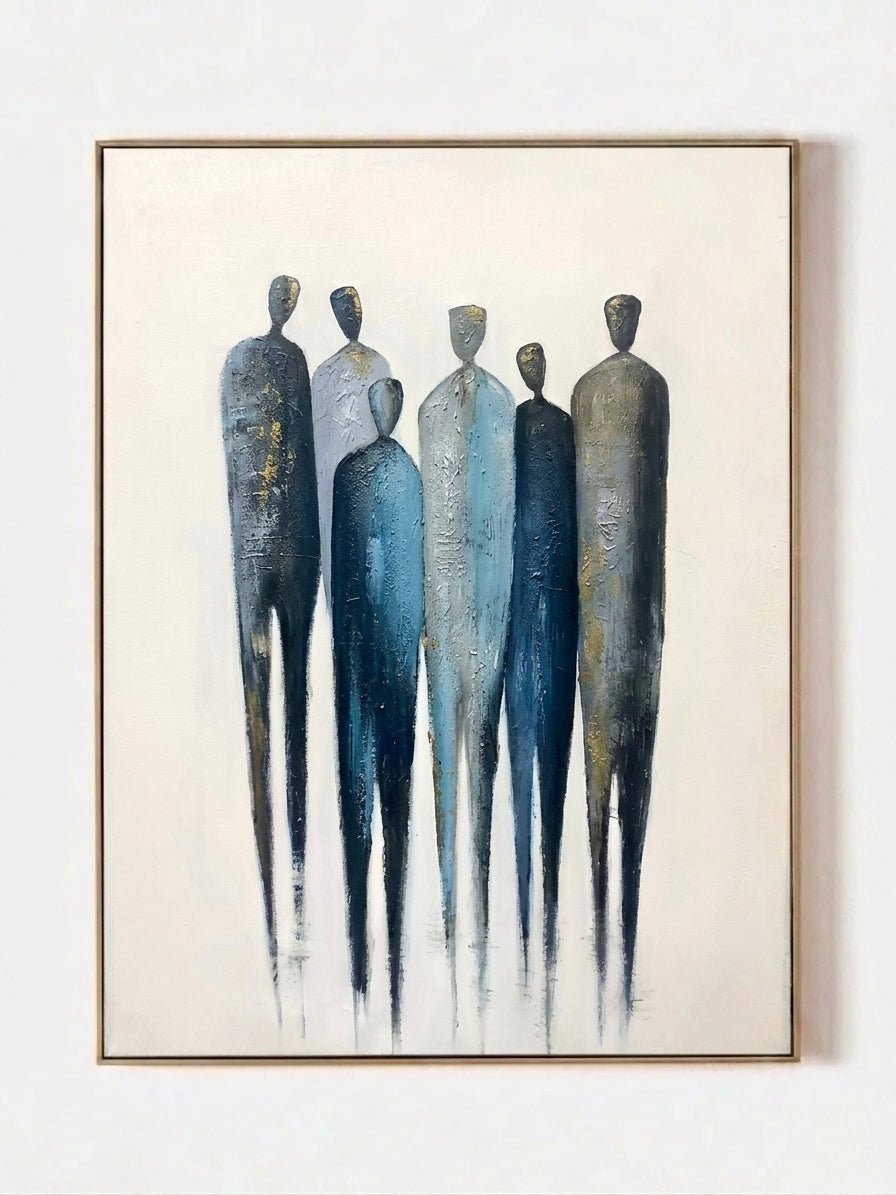 A hand-painted minimalist abstract painting of six tall figures in blue and grey on a white background with gold leaf accents