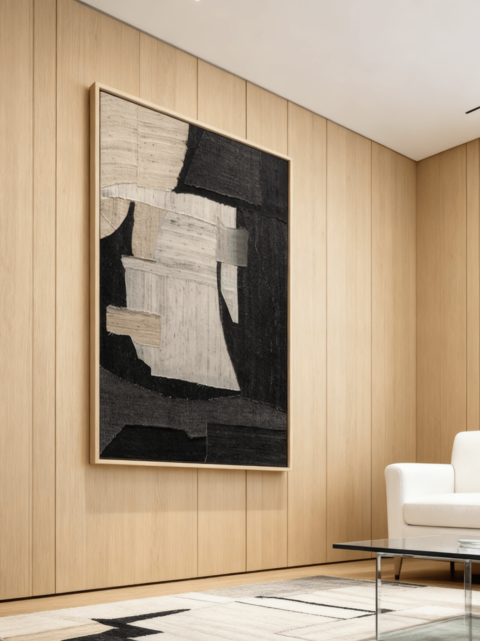 Minimalist abstract wall art displayed in contemporary living room, showcasing irregular shapes composition in modern home decor