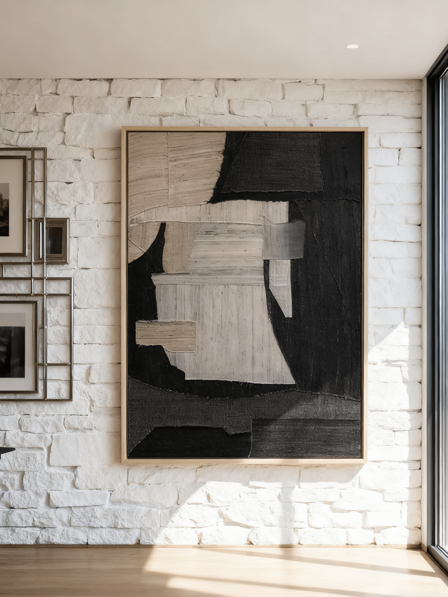 Minimalist abstract wall art displayed in contemporary living room, showcasing irregular shapes composition in modern home decor