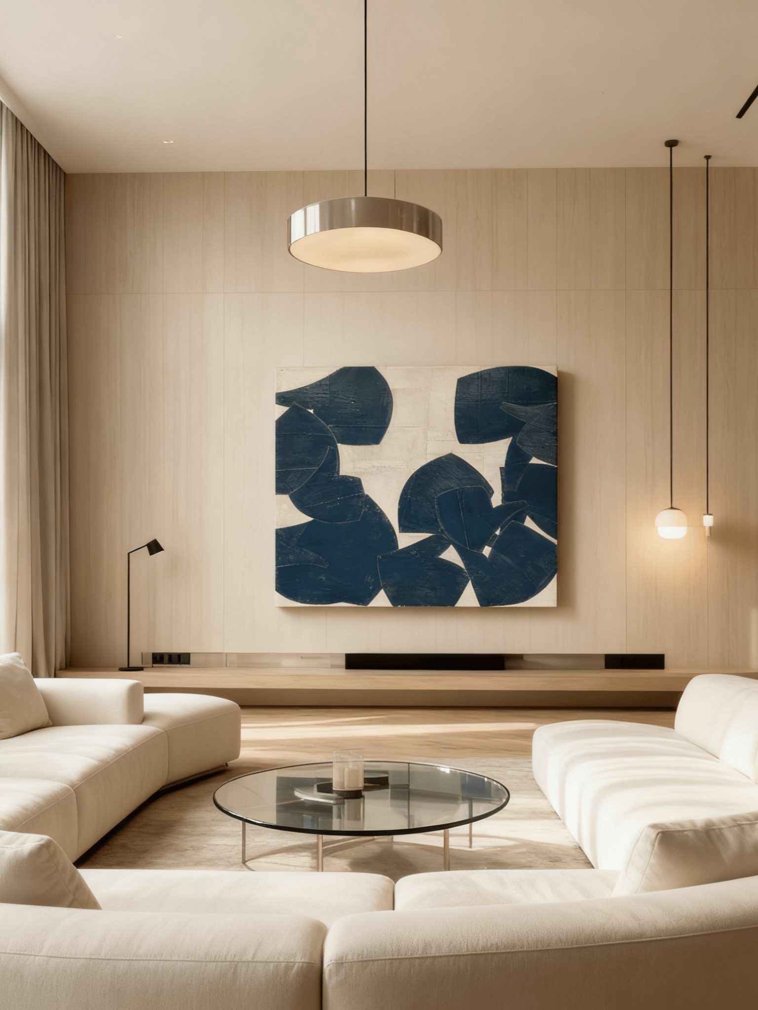 Minimalist geometric painting hanging above a mid-century modern sofa in a living room.
