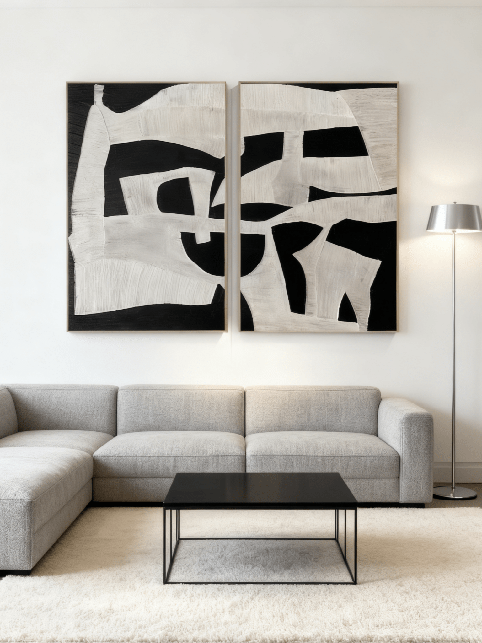 Hand-painted modern abstract diptych wall art with irregular geometric shapes on canvas, from WABI-Wall Art.