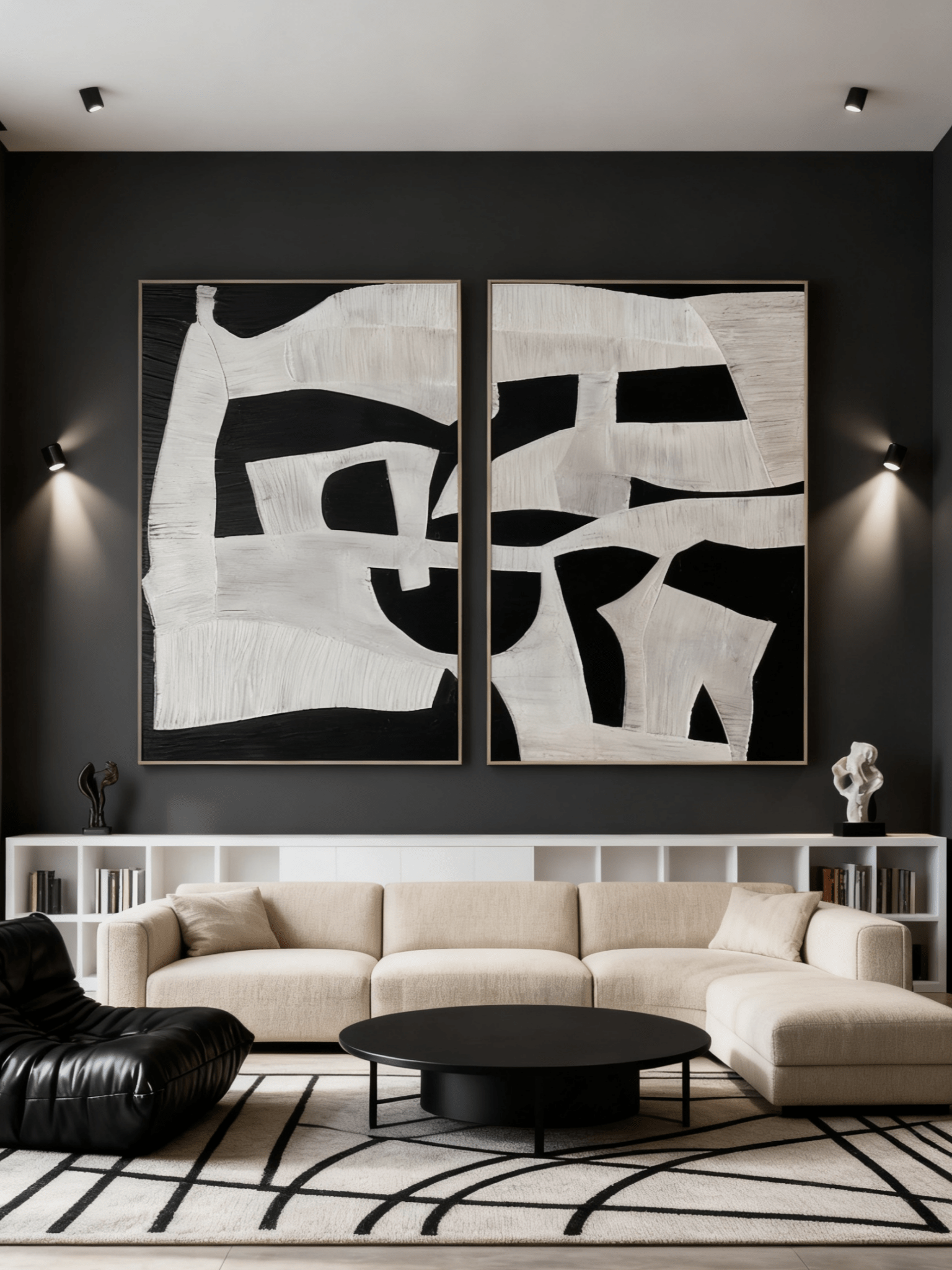 A pair of modern minimalist oil paintings with bold geometric shapes hanging as a diptych above a contemporary living room sofa.