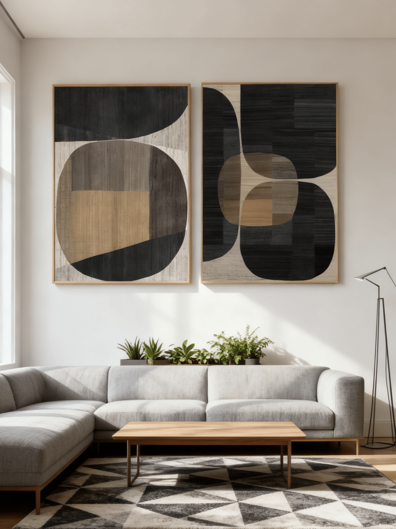 Modern abstract diptych oil painting with textured finish for living room