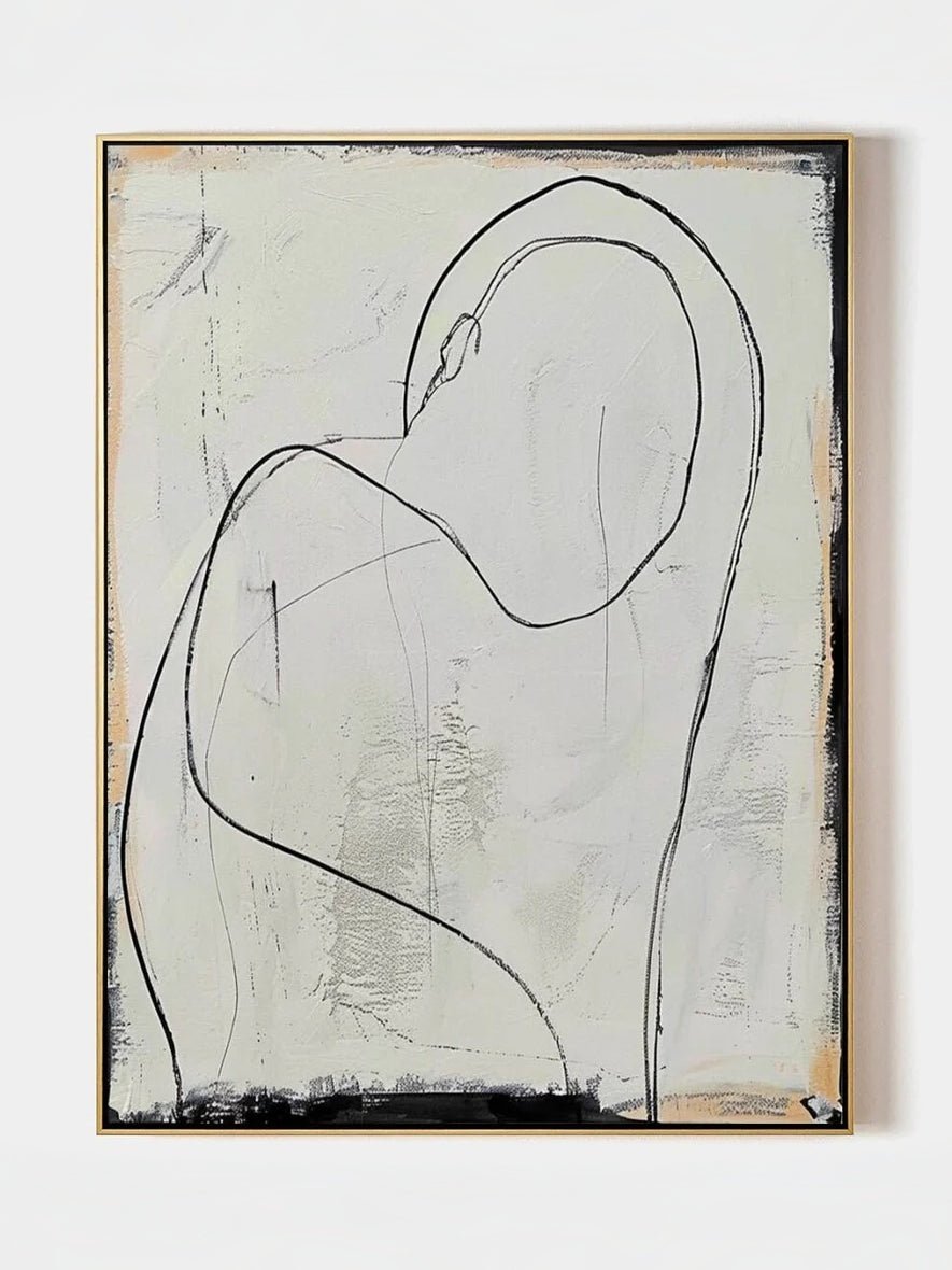 minimalist abstraction painting – fluid charcoal lines on textured beige background, body-positive wall art
